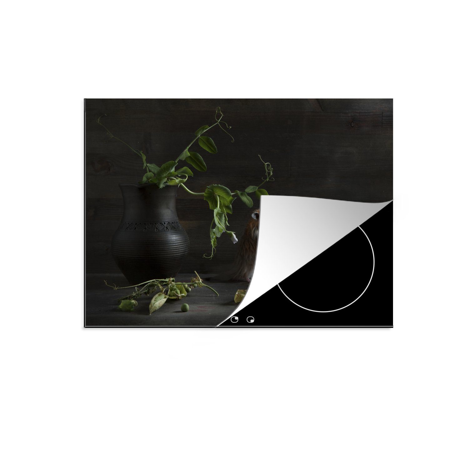 Herdblende-/Abdeckplatte Stilleben Arbeitsfläche Ceranfeldabdeckung von mit (1 Mobile Erbsen, nutzbar, 60x52 Hamstern MuchoWow cm, tlg), Vinyl, grünen