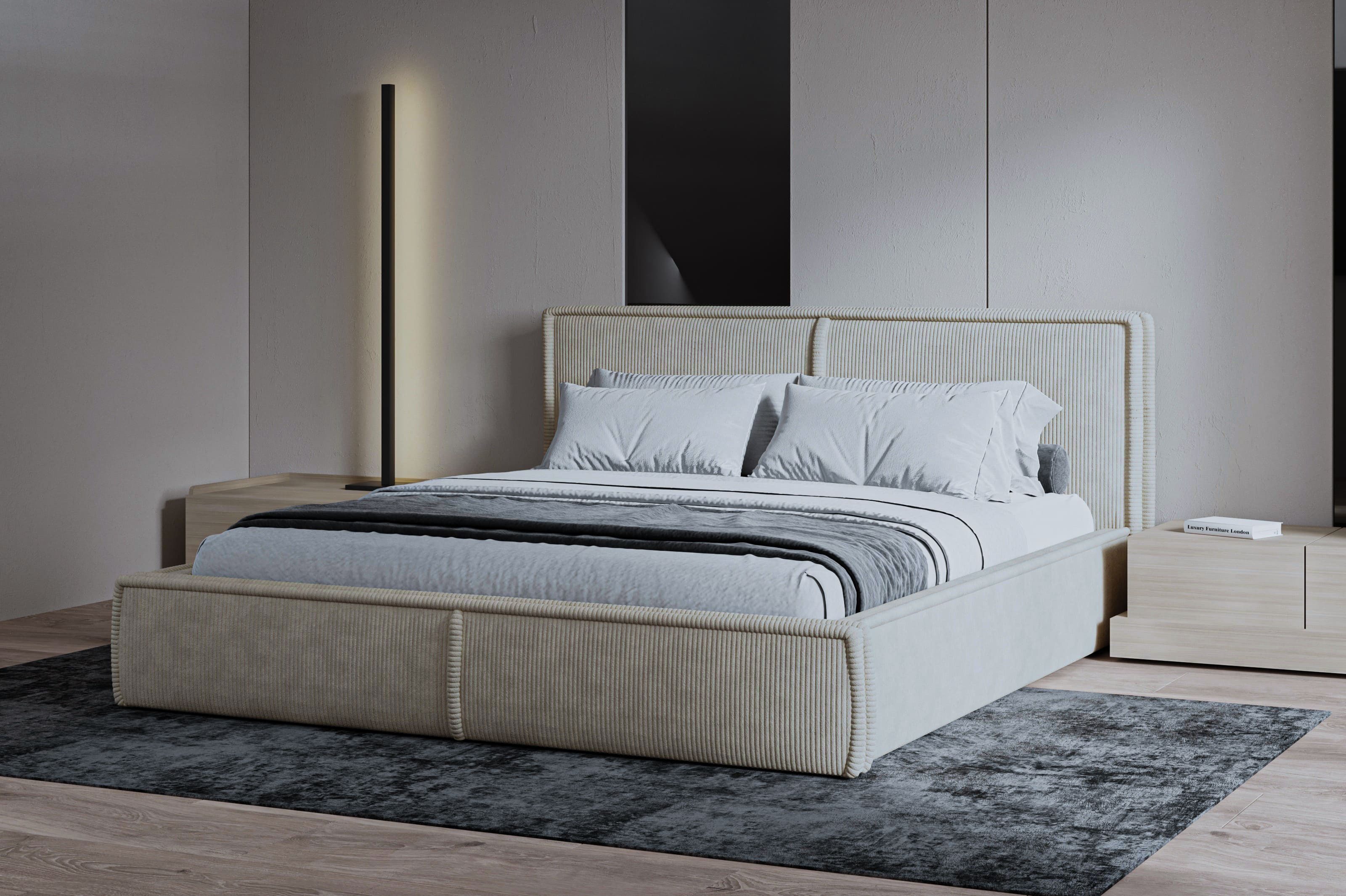 MOEBLO Polsterbett BETT 04 (Bezug: aus Cord, Doppelbett mit Kopfstütze, Rahmenbettgestell 140x200, mit Bettkasten und Lattenrost), mit Bettkasten