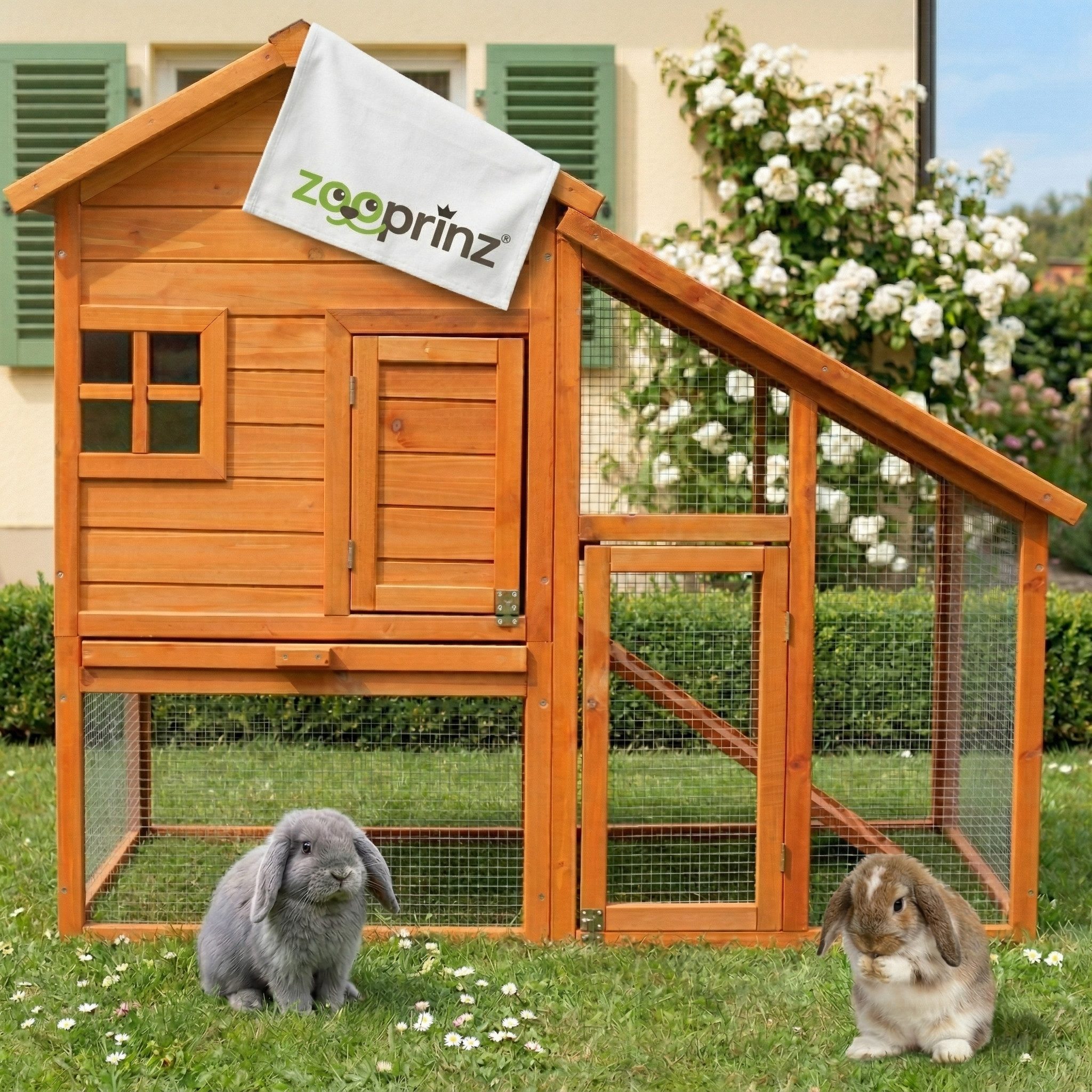 Zooprinz Kleintierstall Bauernhaus mit Auslauf 140x120x55 cm (BxHxT), Kiefernholz, Bitumendach