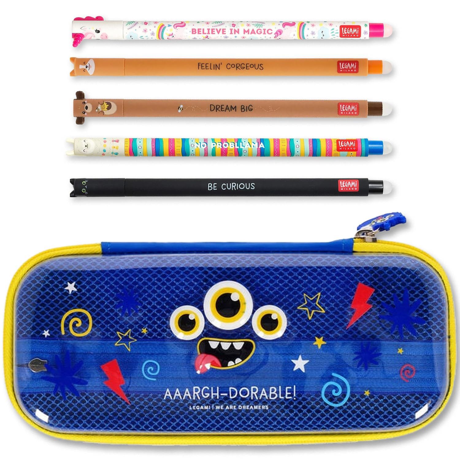 Legami Federmäppchen Federmäppchen mit 2 Fächern und radierbarem Stift-Set, 5 niedliche Tierstifte mit thermosensitiver Tinte