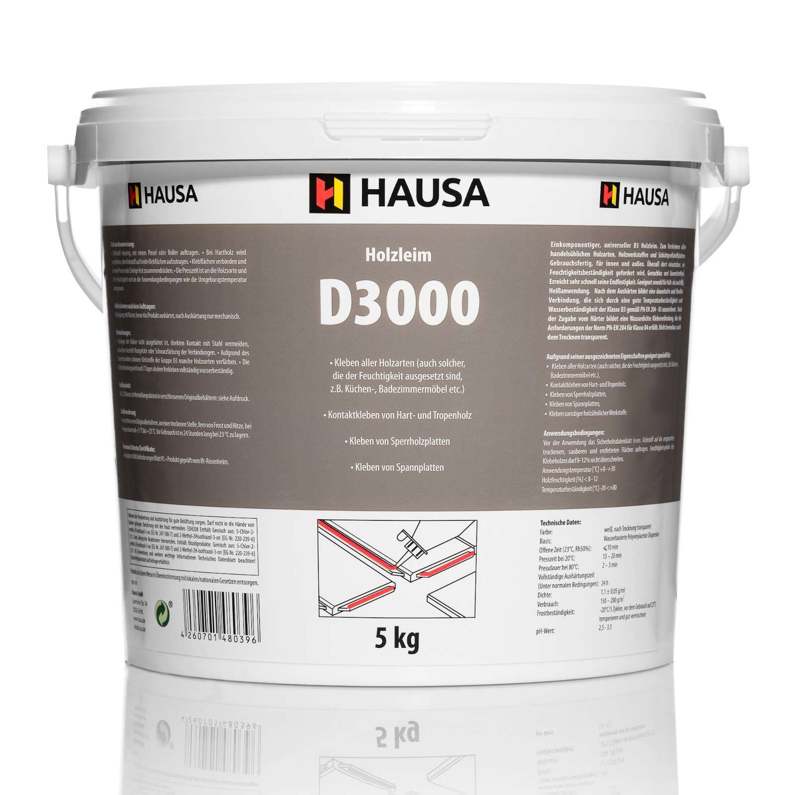 Hausa Монтажный клей Holzleim D3, (Eimer 5 kg Wasserfest Weißleim Leim, 0-tlg), lösemittelfrei Holzkleber Bastel Stark für vielseitige Verleimungs