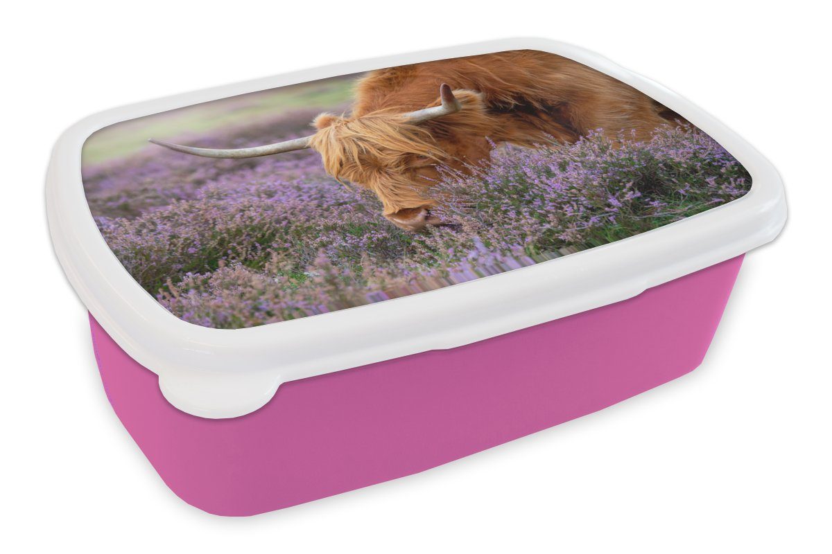 MuchoWow Lunchbox Schottischer Highlander - Tiere - Heide, Kunststoff, (2-tlg), Brotbox für Erwachsene, Brotdose Kinder, Snackbox, Mädchen, Kunststoff rosa