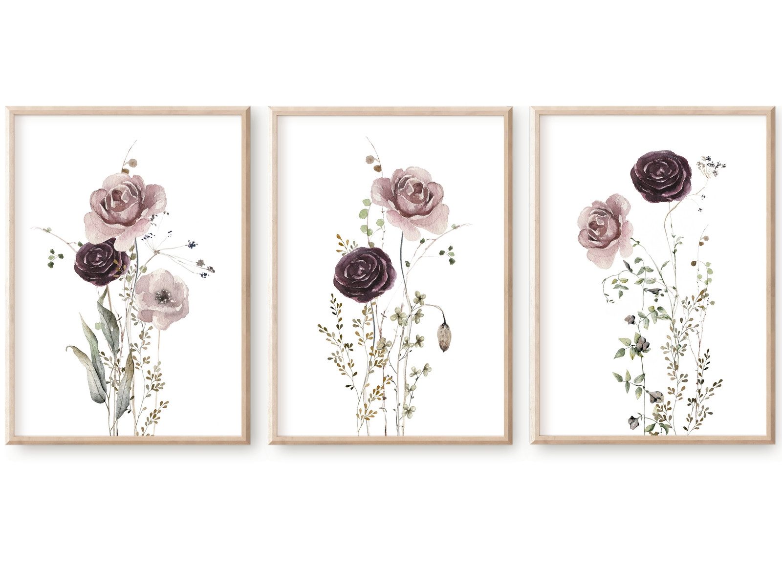 Poster Bilder Wandbilder AQUARELLE WIESENBLUMEN ROSEN 3er SET