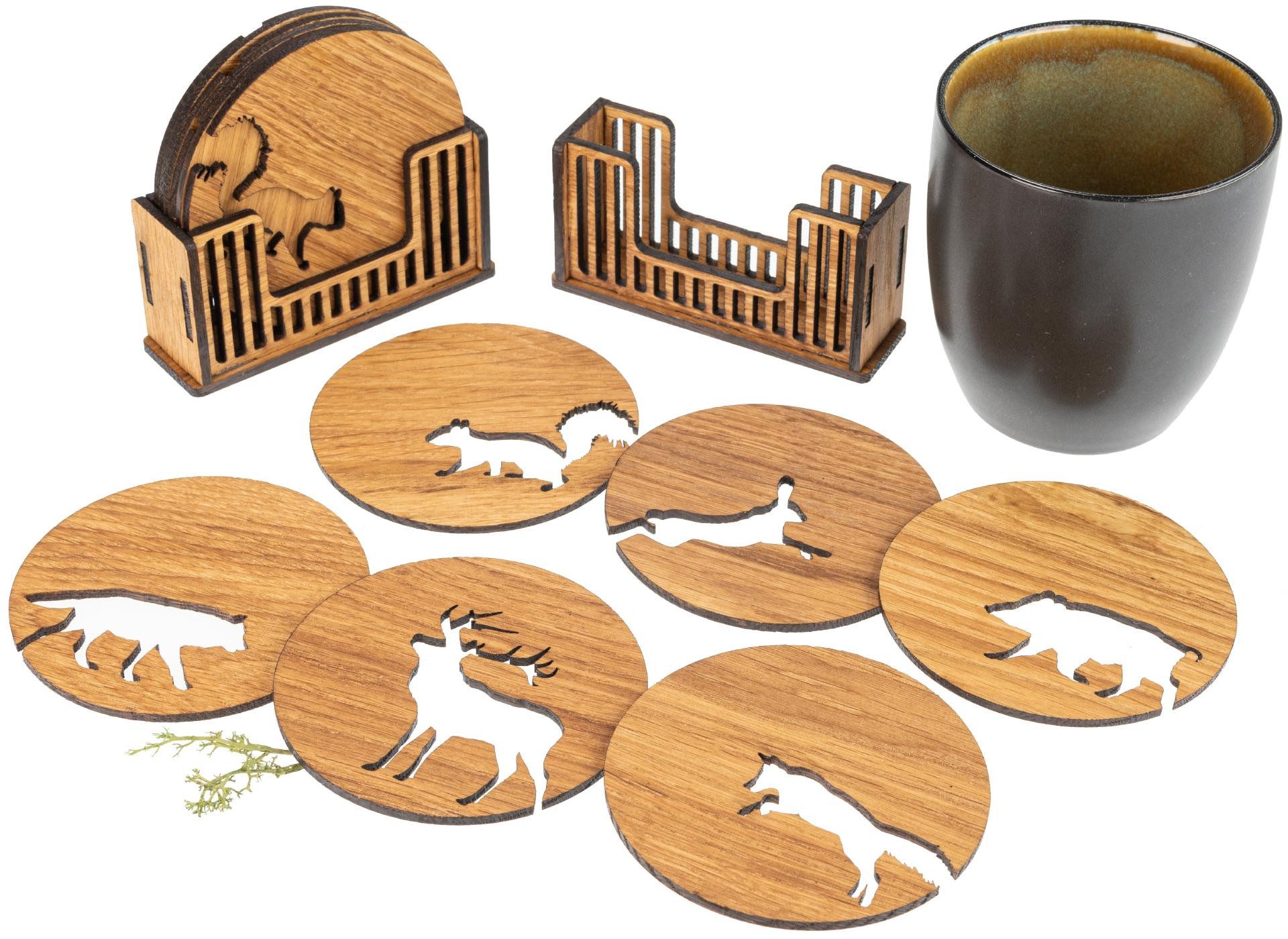 Holz Frank Glasuntersetzer Glas Untersetzer 6er Set aus Eiche geölt mit Waldtiere Motiv, 7-tlg., Massivholz Eiche