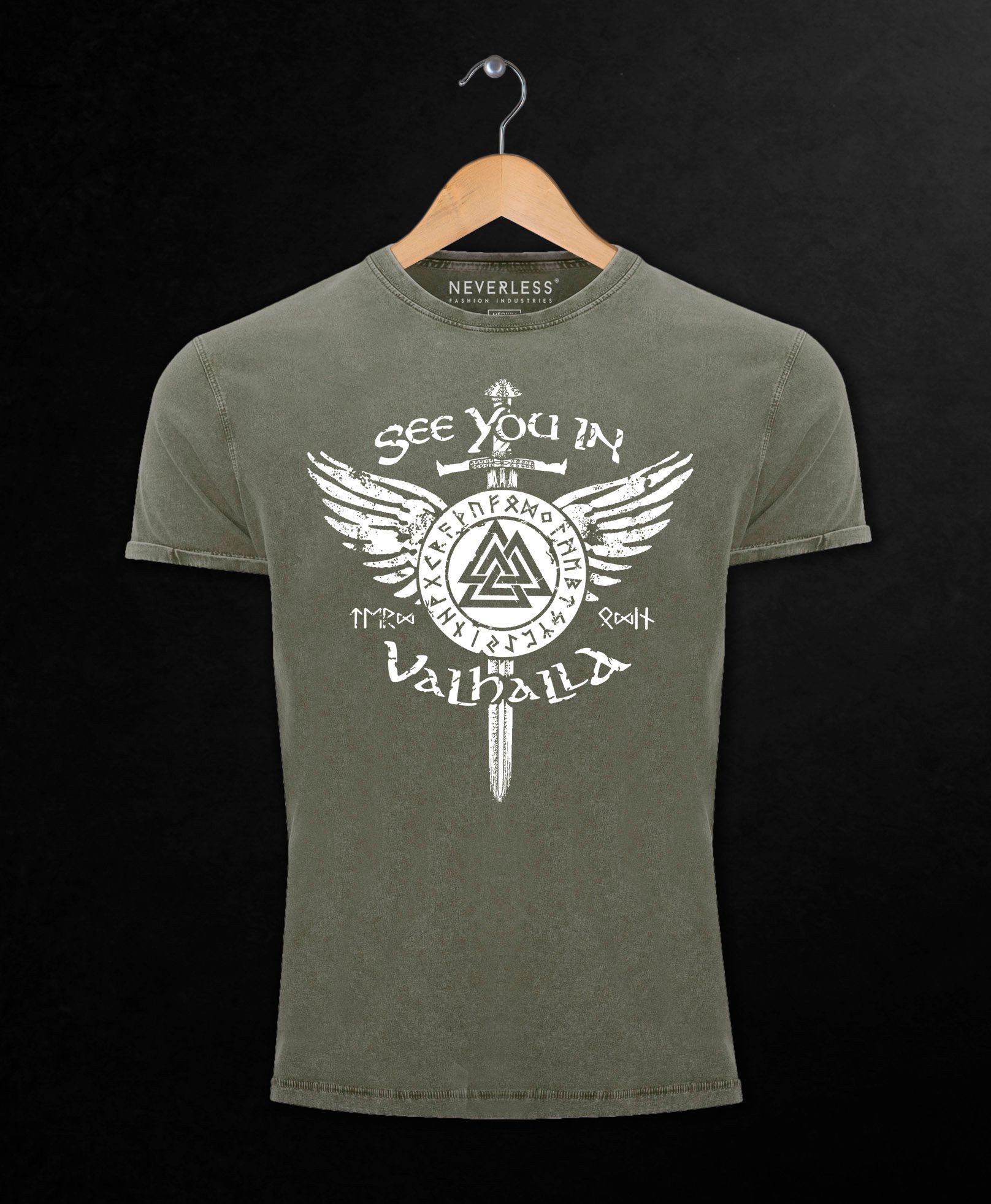 Neverless Print-Shirt Herren Vintage Shirt See you in Valhalla Schwert Runen Odin Vikings mit Print