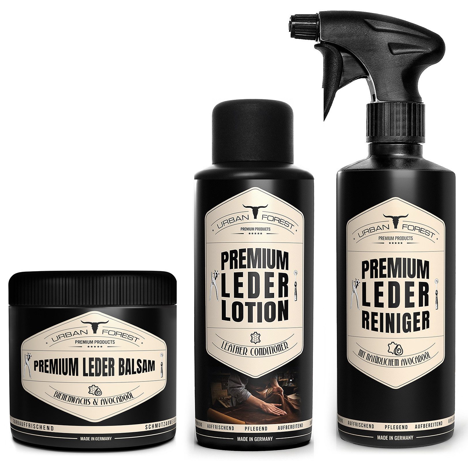URBAN FOREST Sparset Leder Balsam + Leder Reiniger +Leder Lotion 3x 500ml Lederpflegeset (1 St)
