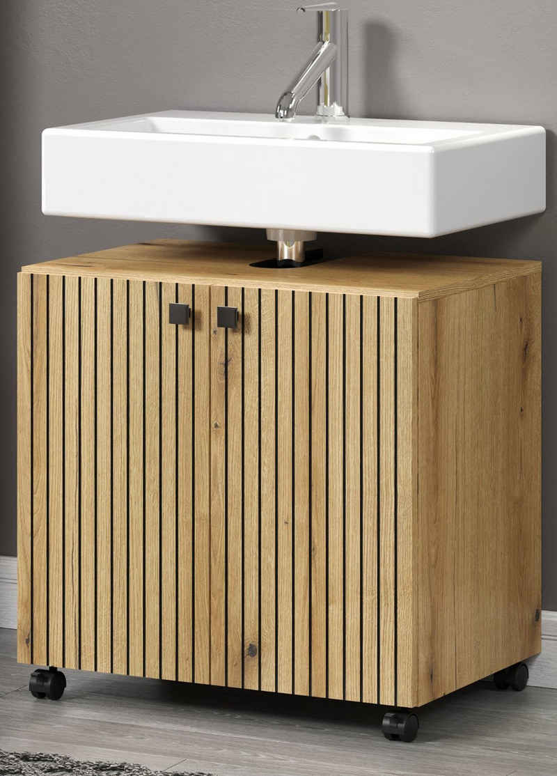 Furn.Design Waschbeckenunterschrank Bliss (Badschrank in Evoke Eiche mit schwarz, 60 cm) auf Rollen, Staboptik