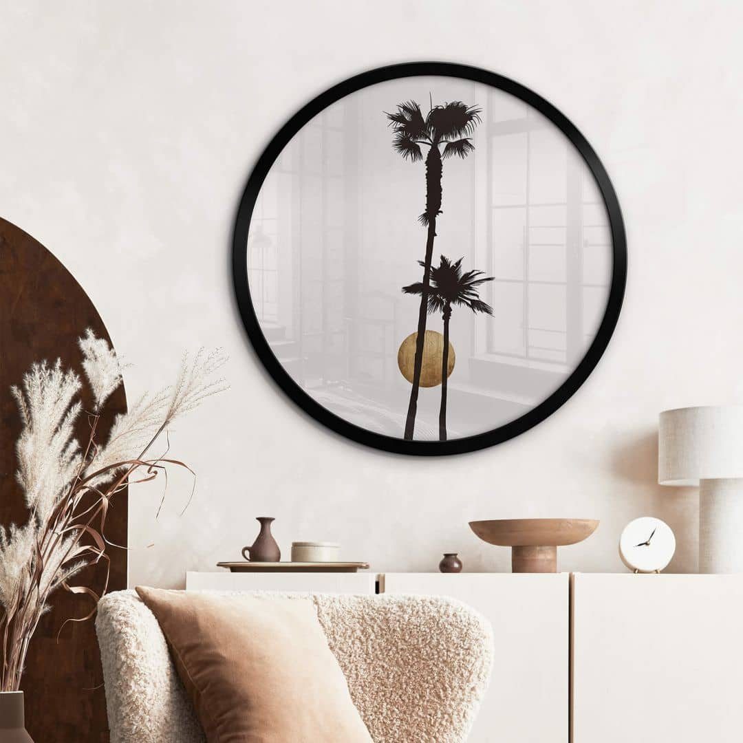 K&L Wall Art Poster Wandbild Poster Rund Feng Shui Deko Kubistika Palmen Vollmond Gold, Wohnzimmer Kunst Illustration