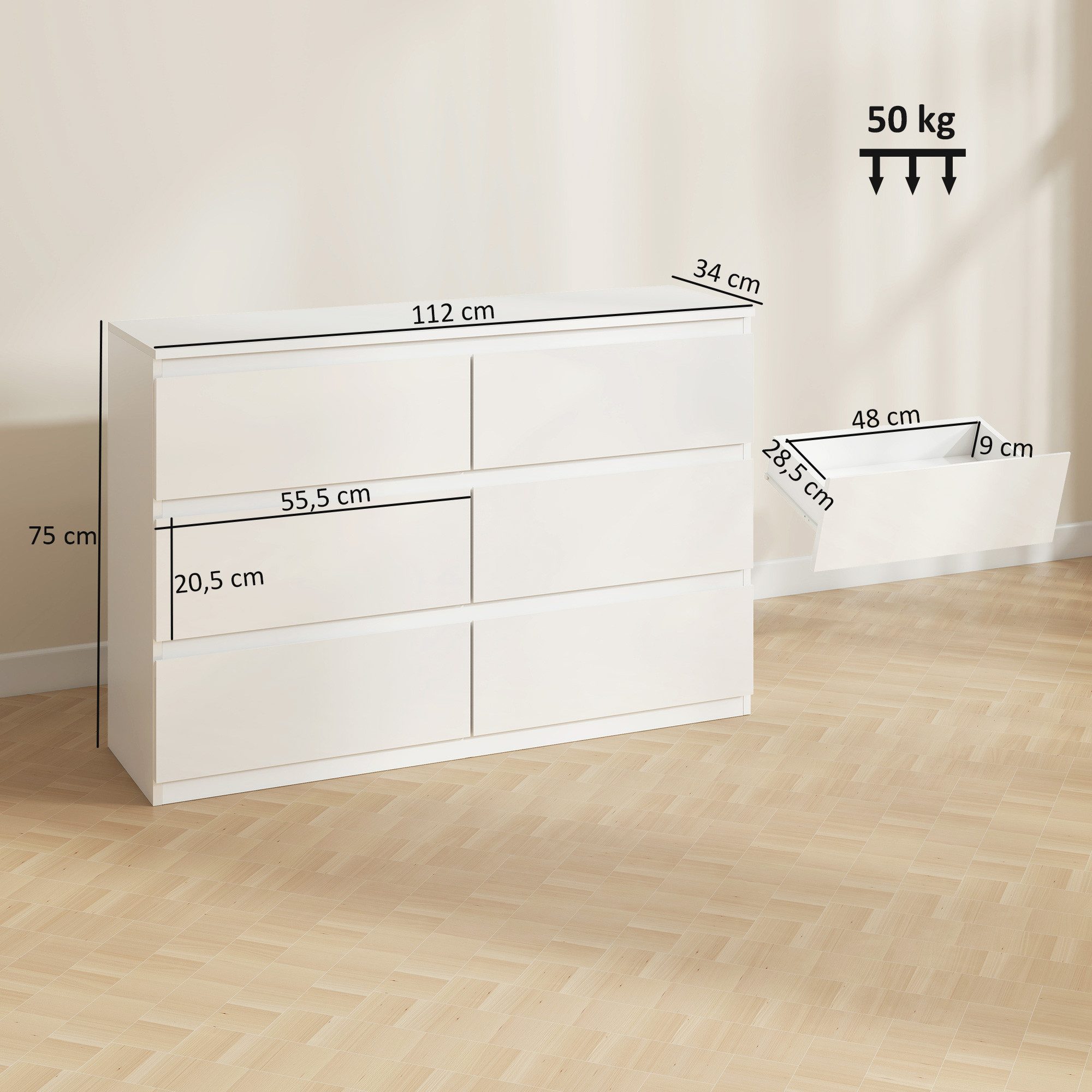 HOMCOM Kommode Sideboard mit 6 Schubladen (Schubladenschrank, 1 St., Schrank modern), für Wohnzimmer Schlafzimmer Flur Weiß, 112 x 34 x 75 cm