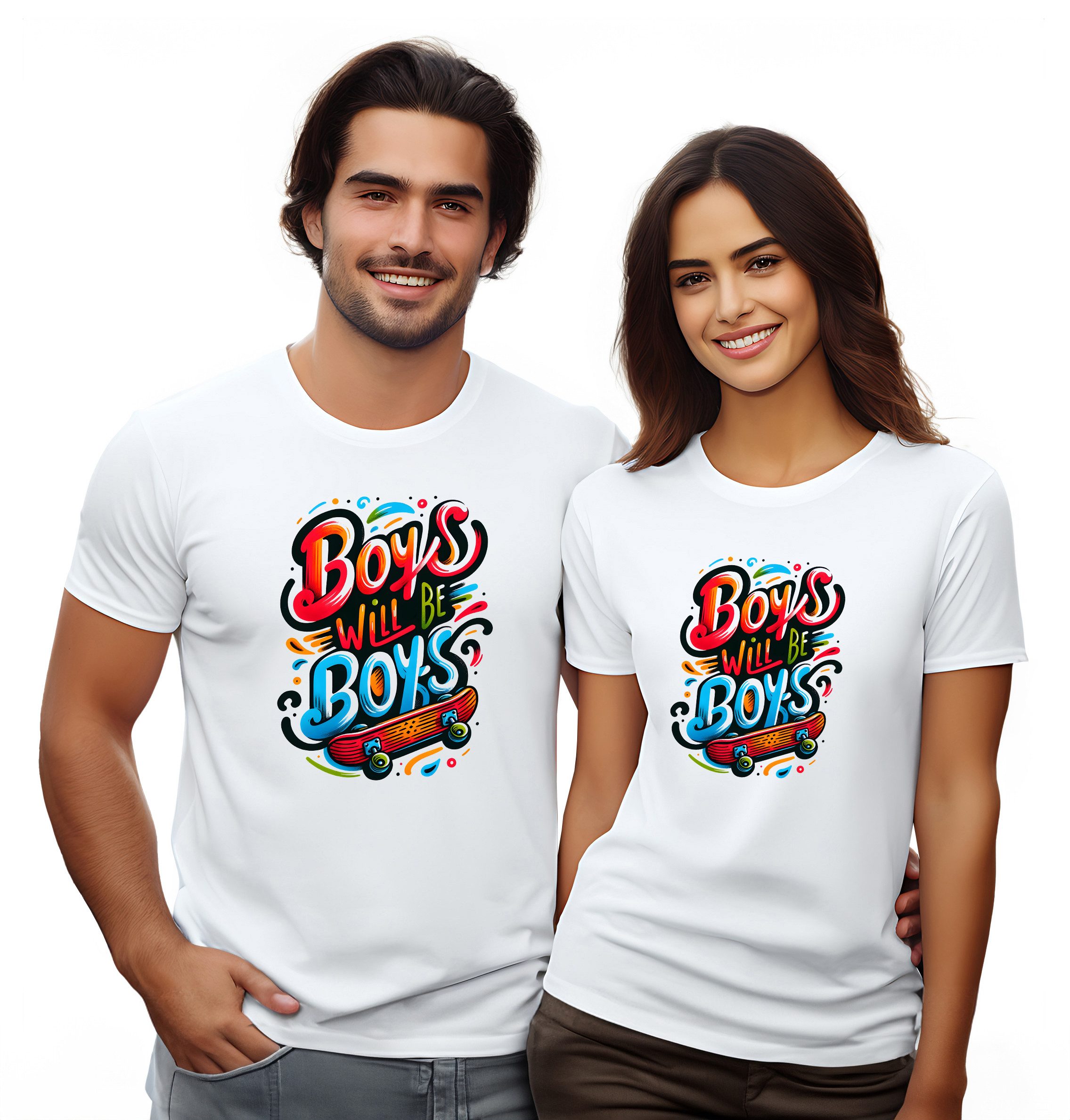 MyDesign24 T-Shirt Skater print Shirt Boys will be Boys Skater T-Shirt weiss kurzarm Regular Fit i537