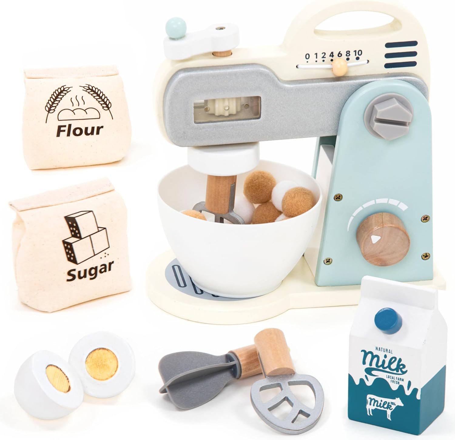 Esun Spielküche Mixer Spielset aus Holz – mit Rührschüssel, Schneebesen, Zutaten, Küchenmixer Spielzeug. Küchenzubehör kleine Köche