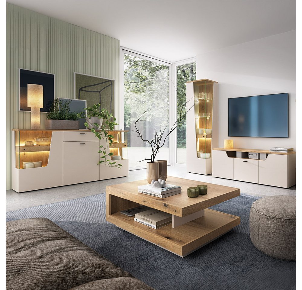 Lomadox Wohnzimmer-Set CARMONA-129, (Mega-Spar-Set, 4-St., Couchtisch Lowboard Sideboard Vitrine), in Kaschmir und Eiche, inkl. LED-Beleuchtung