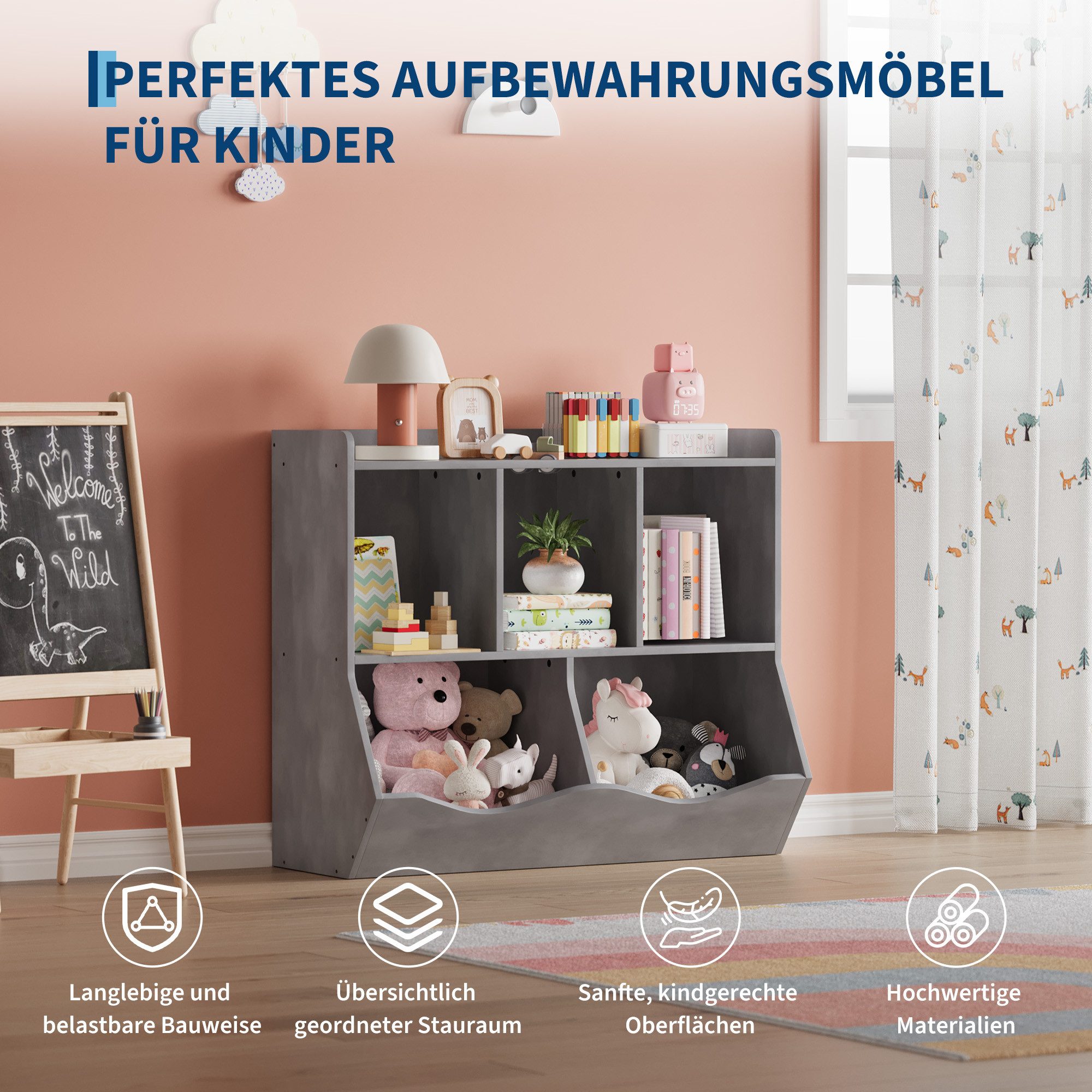 GarveeMore Kinderregal Spielzeugregal Kinderregal mit 5 Fächern Bücherregal Kinder – Bild 4 von 5