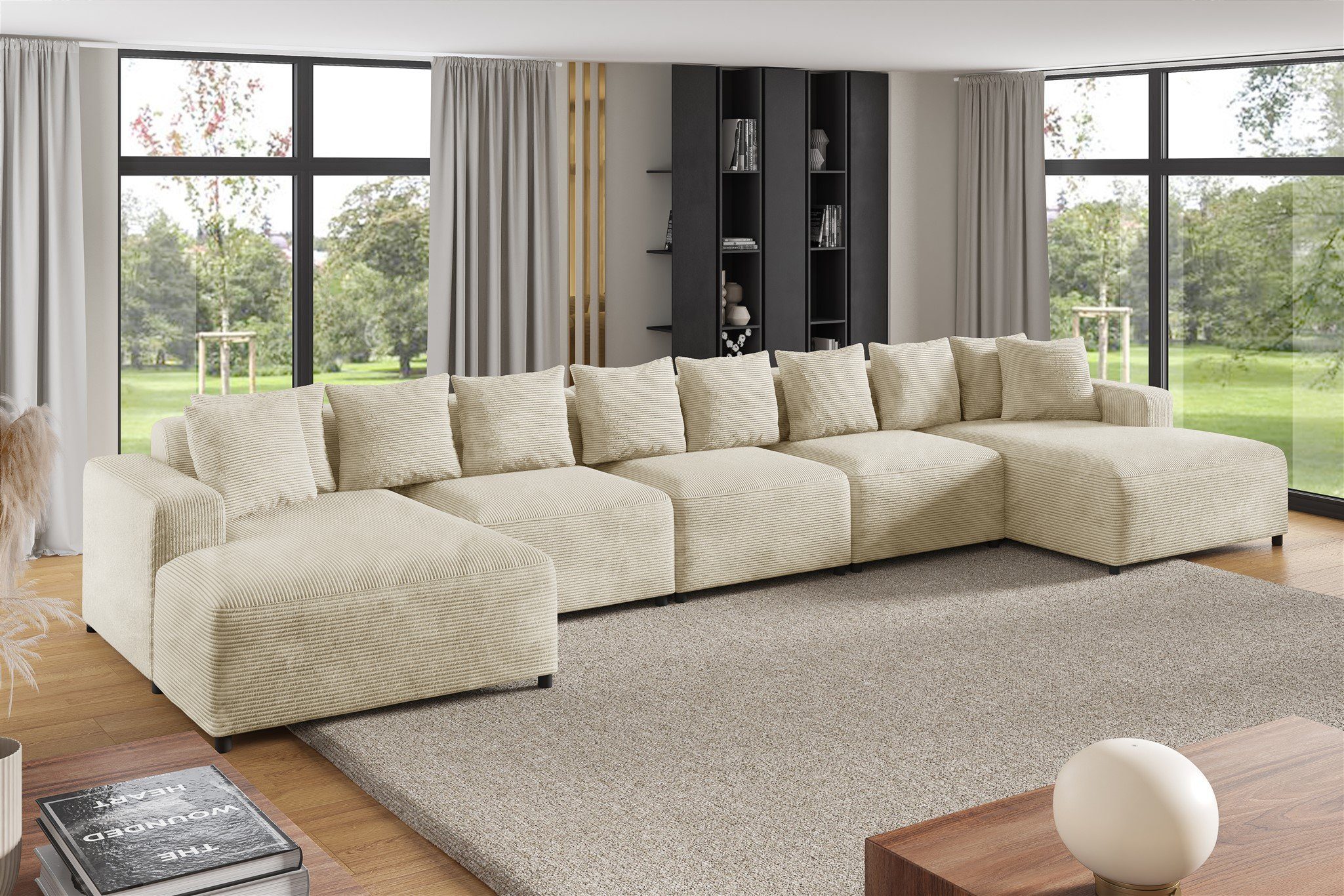 Fun Möbel Wohnlandschaft Sofa U-Form MEGAN XL Cordstoff Poso, inkl. 10 Zierkissen, Rundumbezug