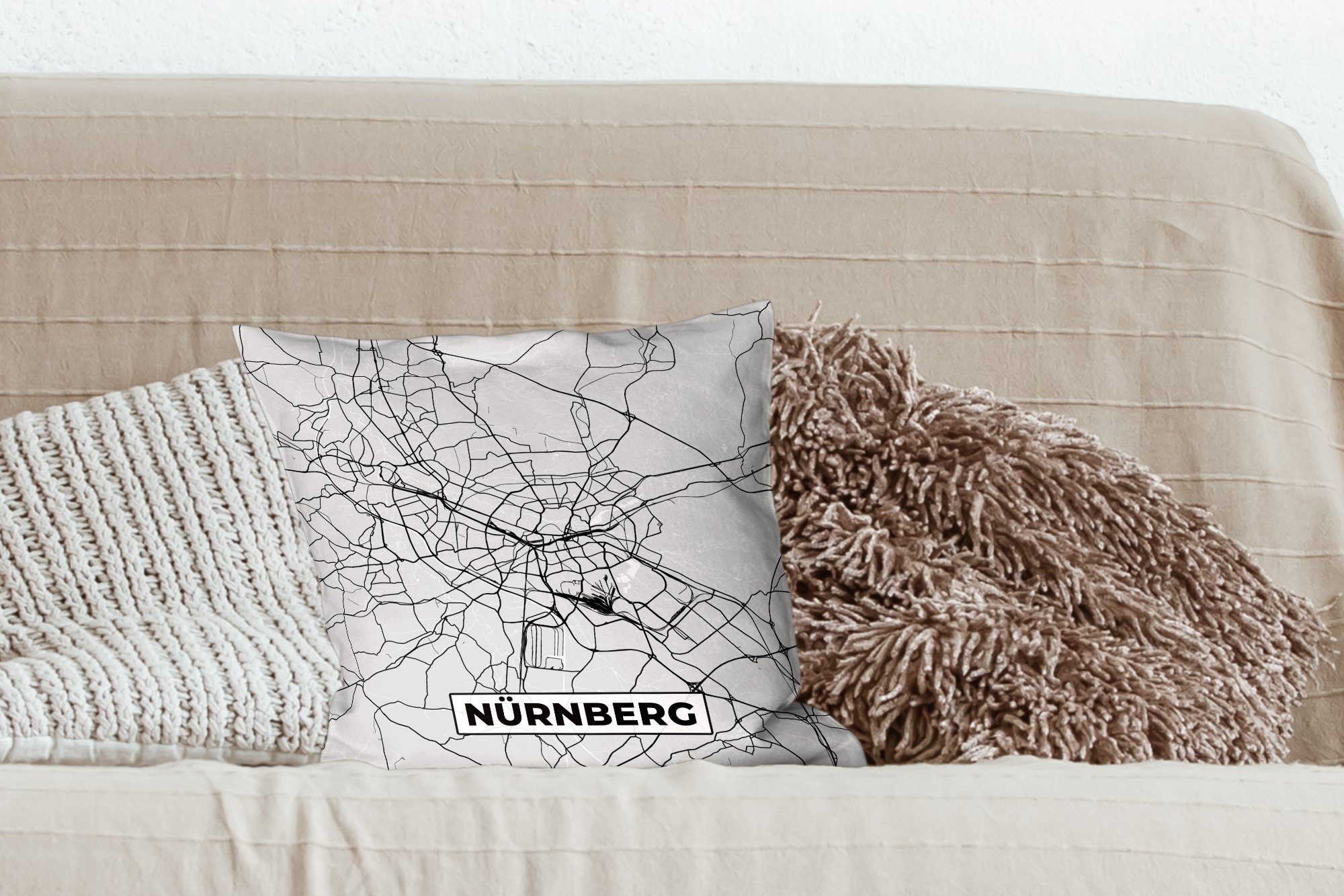 MuchoWow Dekokissen Nürnberg für - - - Zierkissen Deko, Schlafzimmer, Sofakissen Stadtplan Wohzimmer, Deutschland, Füllung mit Karte