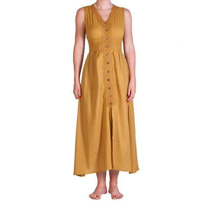 PANASIAM Tunikakleid Langes einfarbiges Sommerkleid im Rücken gerafft Onesize Gr. S und M Langes Kleid aus feiner Baumwolle auch als Strandkleid gesmoked