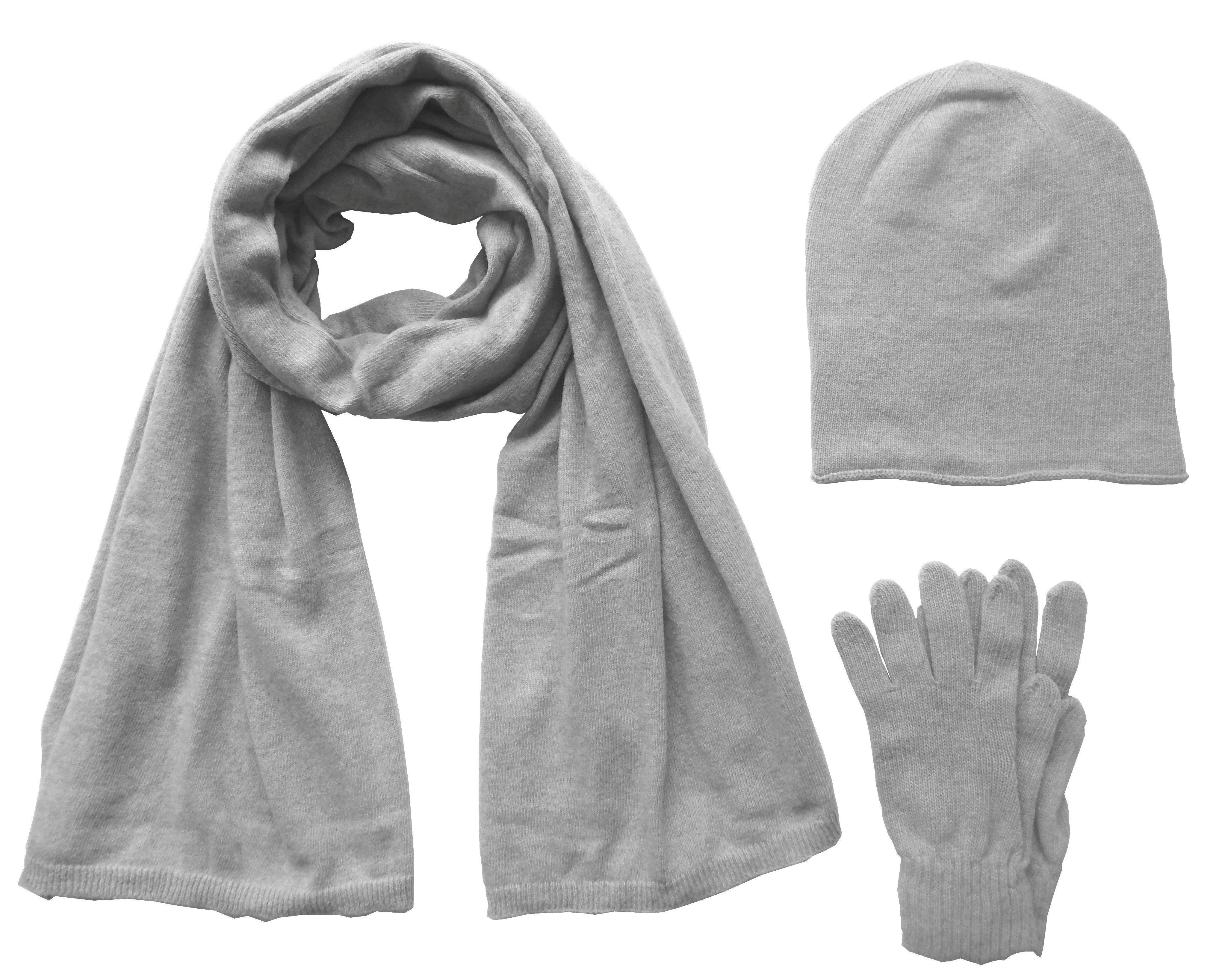 Mississhop Strickmütze Kaschmir Beanie Mütze Slouch / XXL Schal / Handschuhe Wolle Cashmere Grau