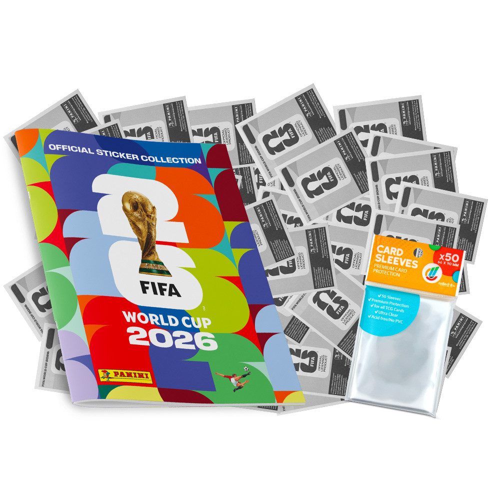 Panini Sammelkarte World Cup 2026 Sticker - 1 Album + 50 versch. zufäl. Sticker + Hüllen