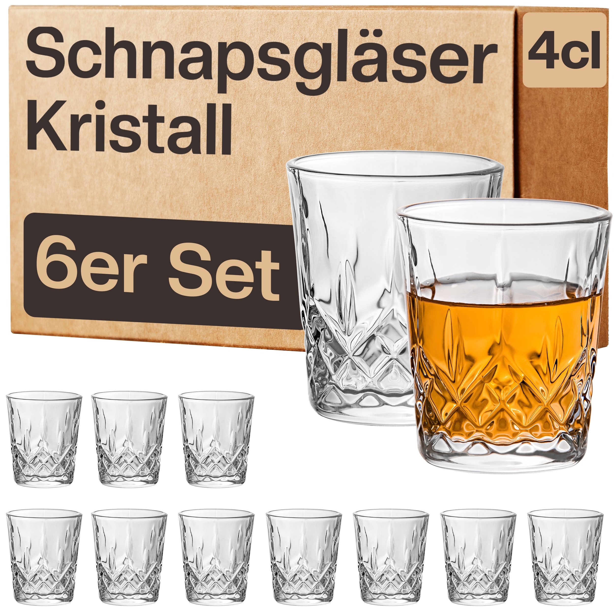Praknu Schnapsglas 6 Schnapsgläser aus Kristall Glas 4cl - Spülmaschinenfest - Standfest, 6-tlg., Kristallglas, Spülmaschinenfest - Standfest dank dickem Boden - Vintage Design
