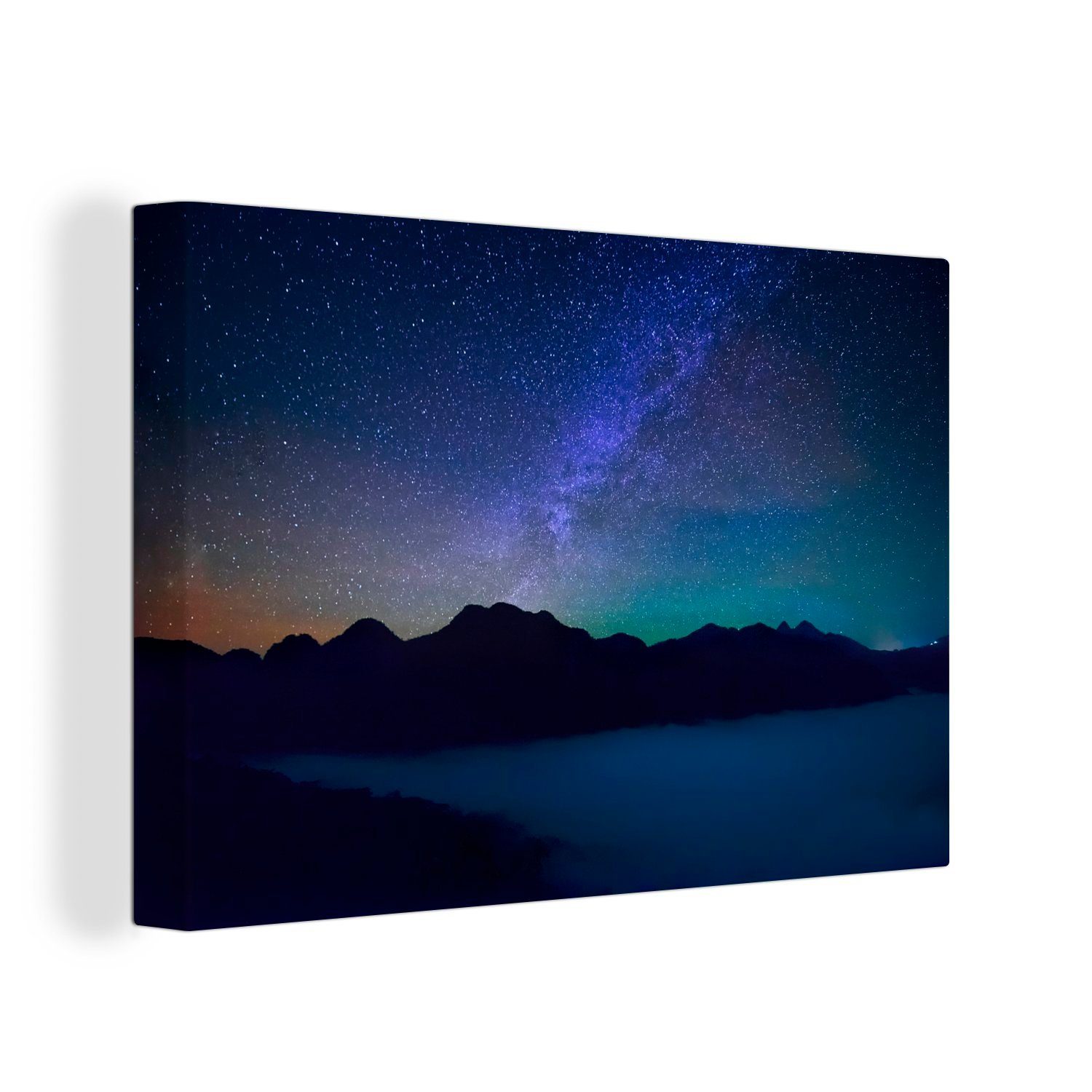 OneMillionCanvasses® Leinwandbild Ein schöner Sternenhimmel über der Silhouette eines nächtlichen Berges, (1 St), Wandbild Leinwandbilder, Aufhängefertig, Wanddeko, 30x20 cm