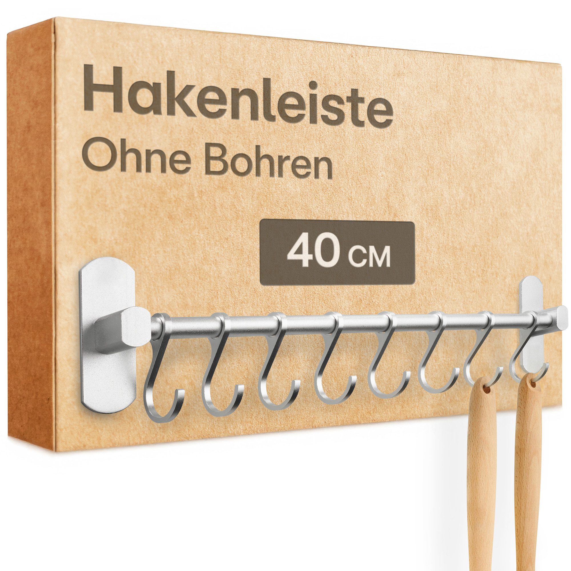 Praknu Hakenleiste Hakenleiste für Küchenutensilien mit 8 Haken - Ohne Bohren, (Set, 8 St), Verstellbar & Selbstklebend 40 cm - ohne Bohren