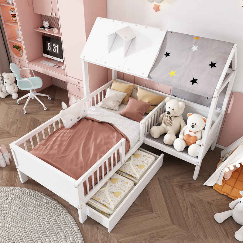 HAUSS SPLOE Kinderbett 90*200 cm Hausförmiges Kinderbett mit Zeltstoff und Schubladen, weiß