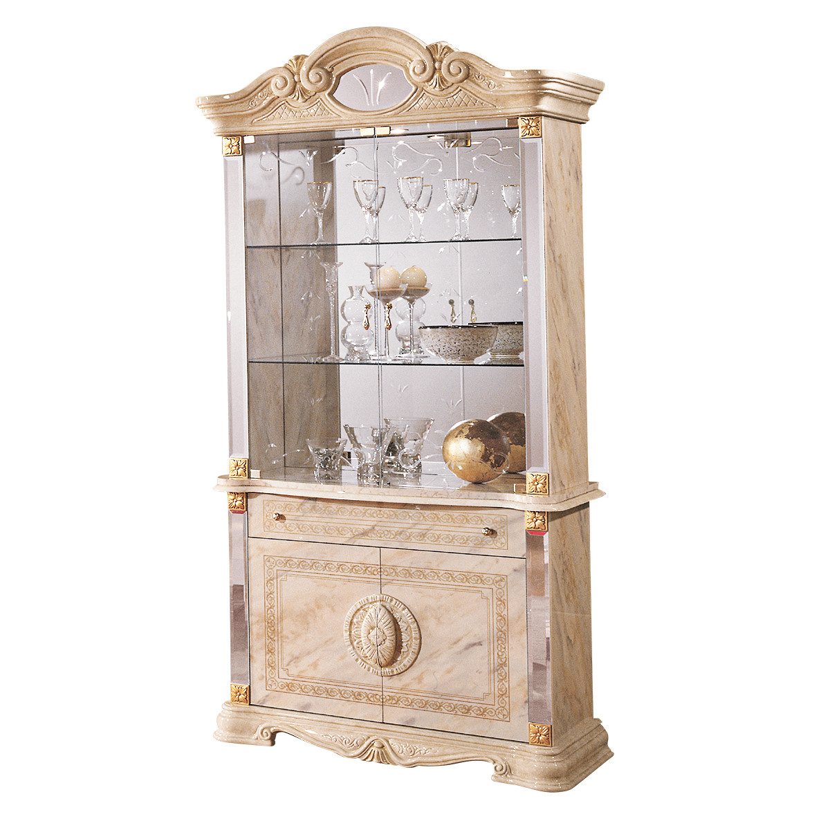 Interdesign24 Glasvitrine Bella (4-Türig, im Barock-Stil, mit Goldverzierungen) in Beige/Gold Hochglanz