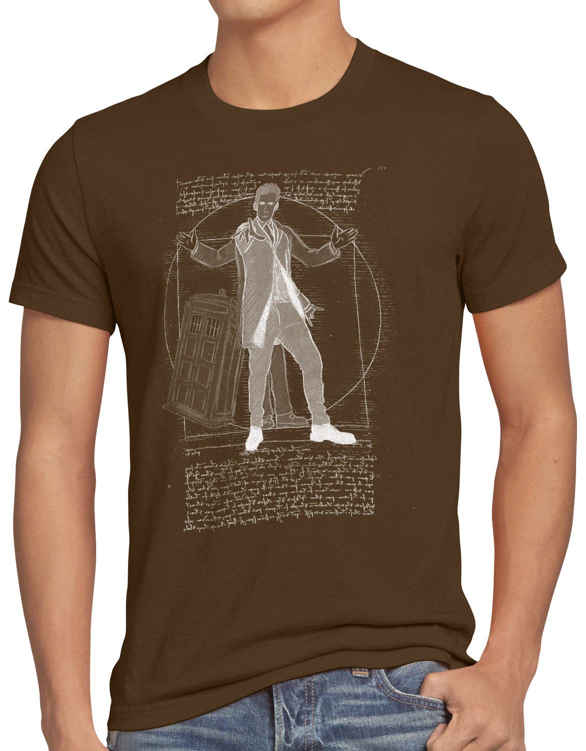 style3 Print-Shirt Herren T-Shirt Vitruvianischer Doktor zeitreise serie polizei notrufzelle braun