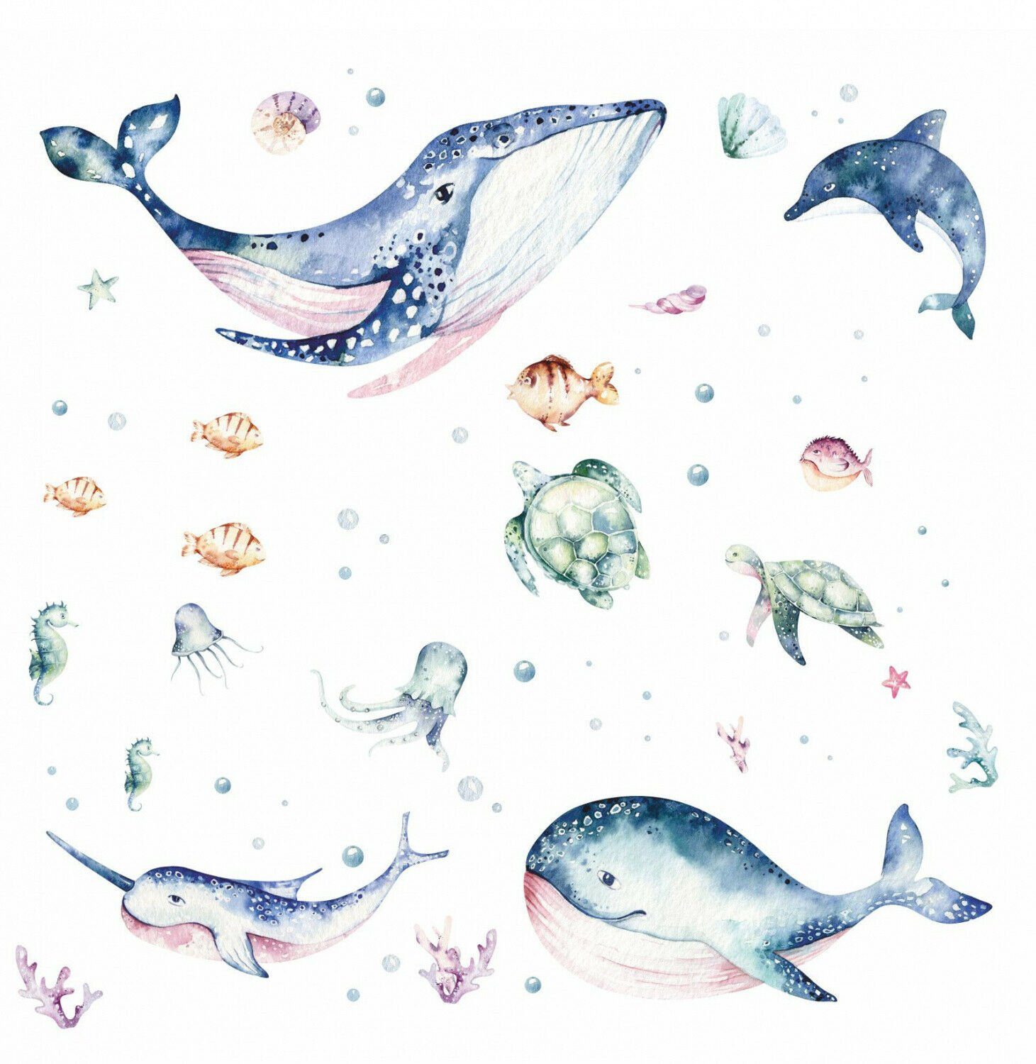 nikima Wandtattoo 205 Meerestiere Aquarell - Wal Delfin Schildkröten (PVC-Folie), in 6 vers. Größen