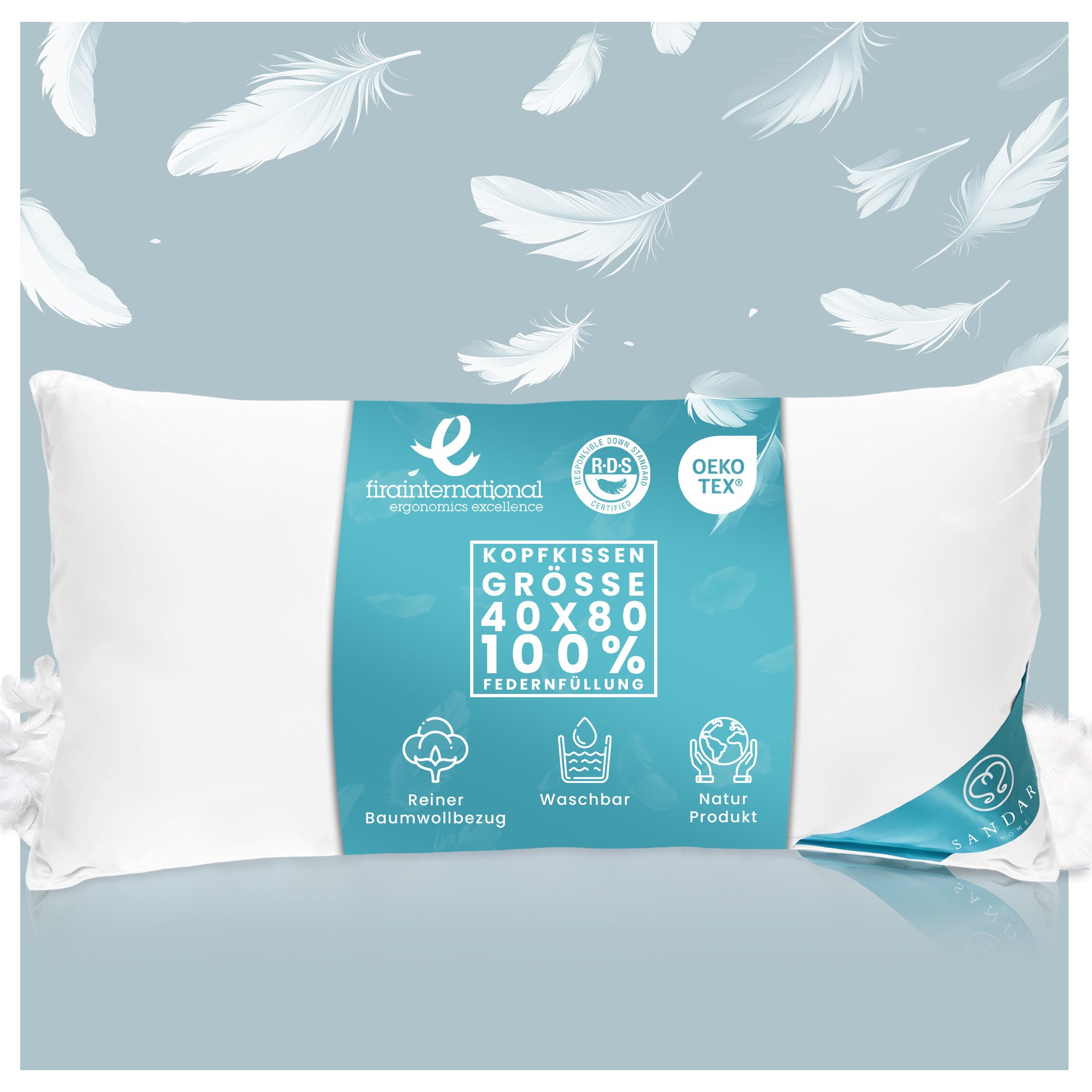 Sandaro Home Federkopfkissen 850 gr, 100% FEDERFÜLLUNG, 40 x 80 cm, Füllung: 100% Federn, Bezug: Baumwolle