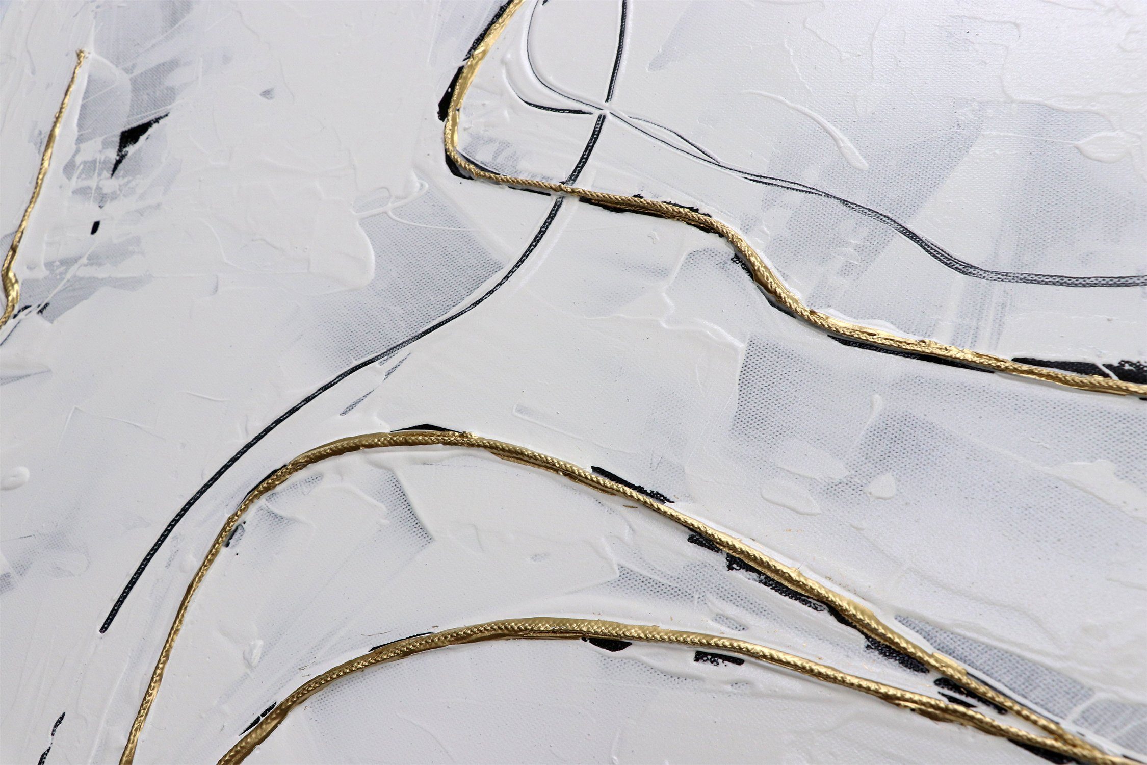 Rahmen Gemälde Weiß Abstraktion, Goldenen Leinwand Bild YS-Art Handgemalt mit Fäden, Gold Schwarz Abstraktes