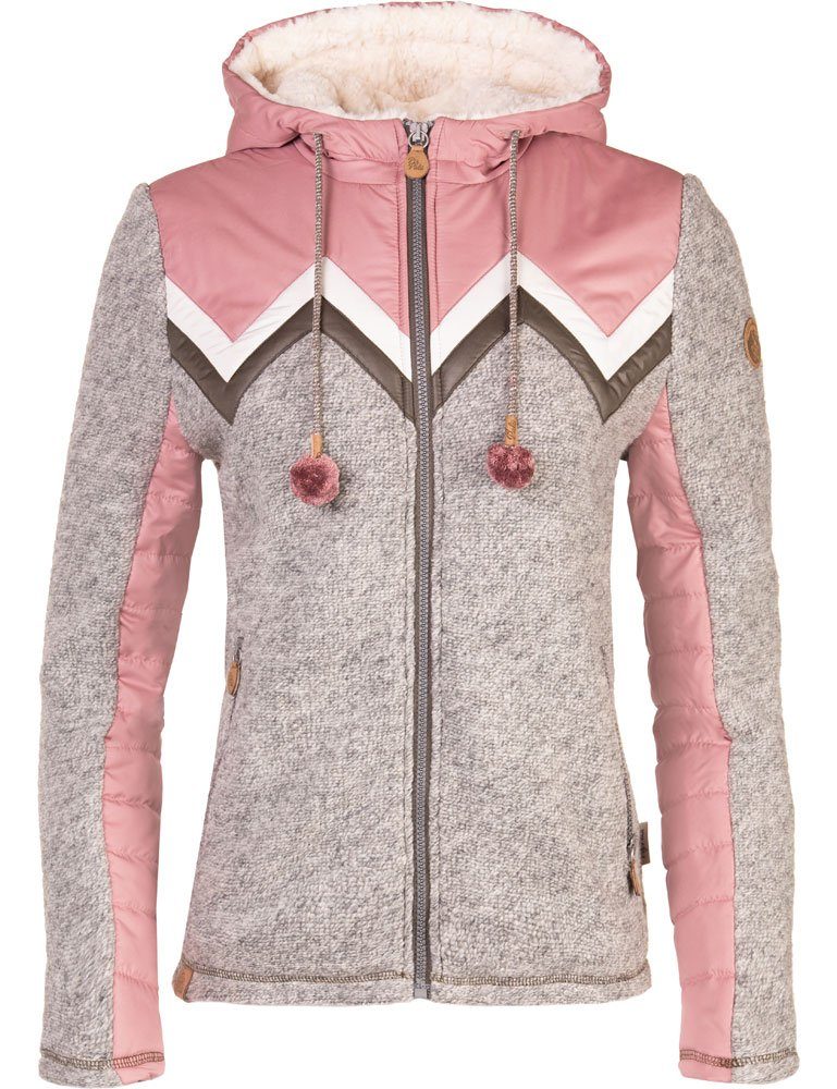 Piz Palü Kapuzenfleecejacke Damen Strickfleecejacke "Brennberg" mit Wattierung, 010007 - Grau / Rosa - Winterjacke Teddyplüsch Hybrid-Design