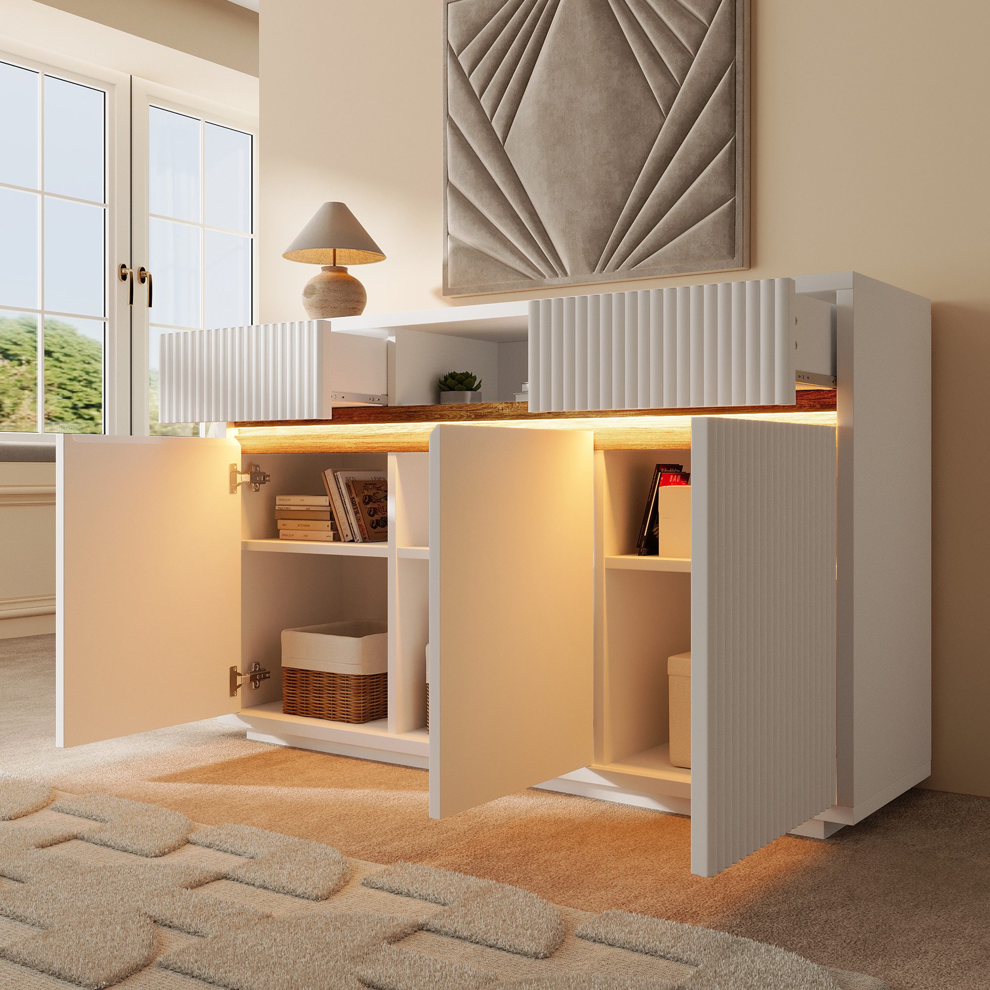 Flieks Kommode mit LED-Beleuchtung, 2 Schubladen und verstellbaren Einlegeböden (140x40x85 cm, 1 St., für Wohnzimmer/Arbeitszimmer/Flur/Schlafzimmer), Multifunktionaler Mehrzweckschrank Sideboard Küchenschrank Weiß
