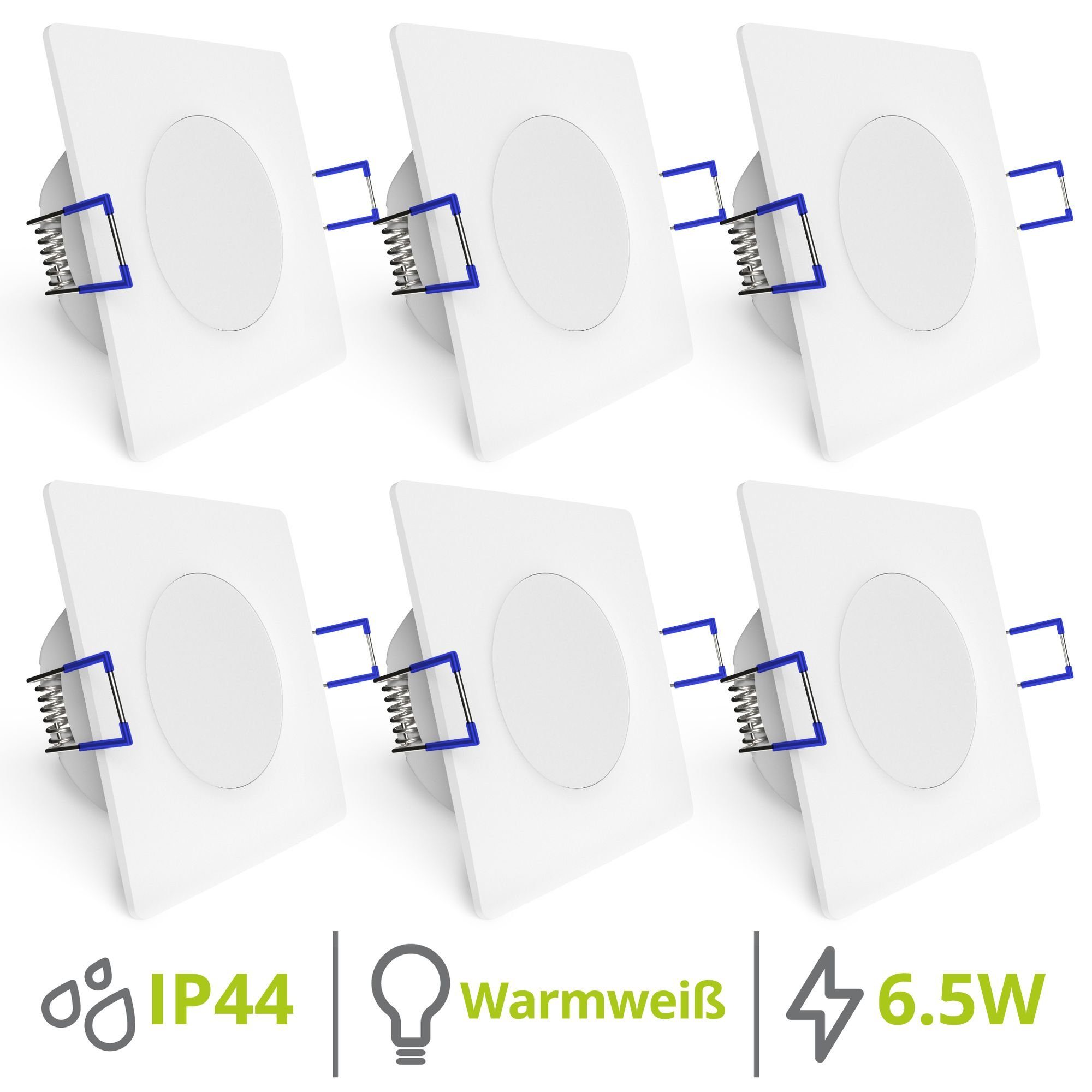 linovum LED Einbaustrahler WEEVO fest Bad, LED-Leuchtmittel weiss 2700K verbaut, LED-Leuchtmittel eckig Einbauspots 6,5W fest 230V flache 6er verbaut LED Set