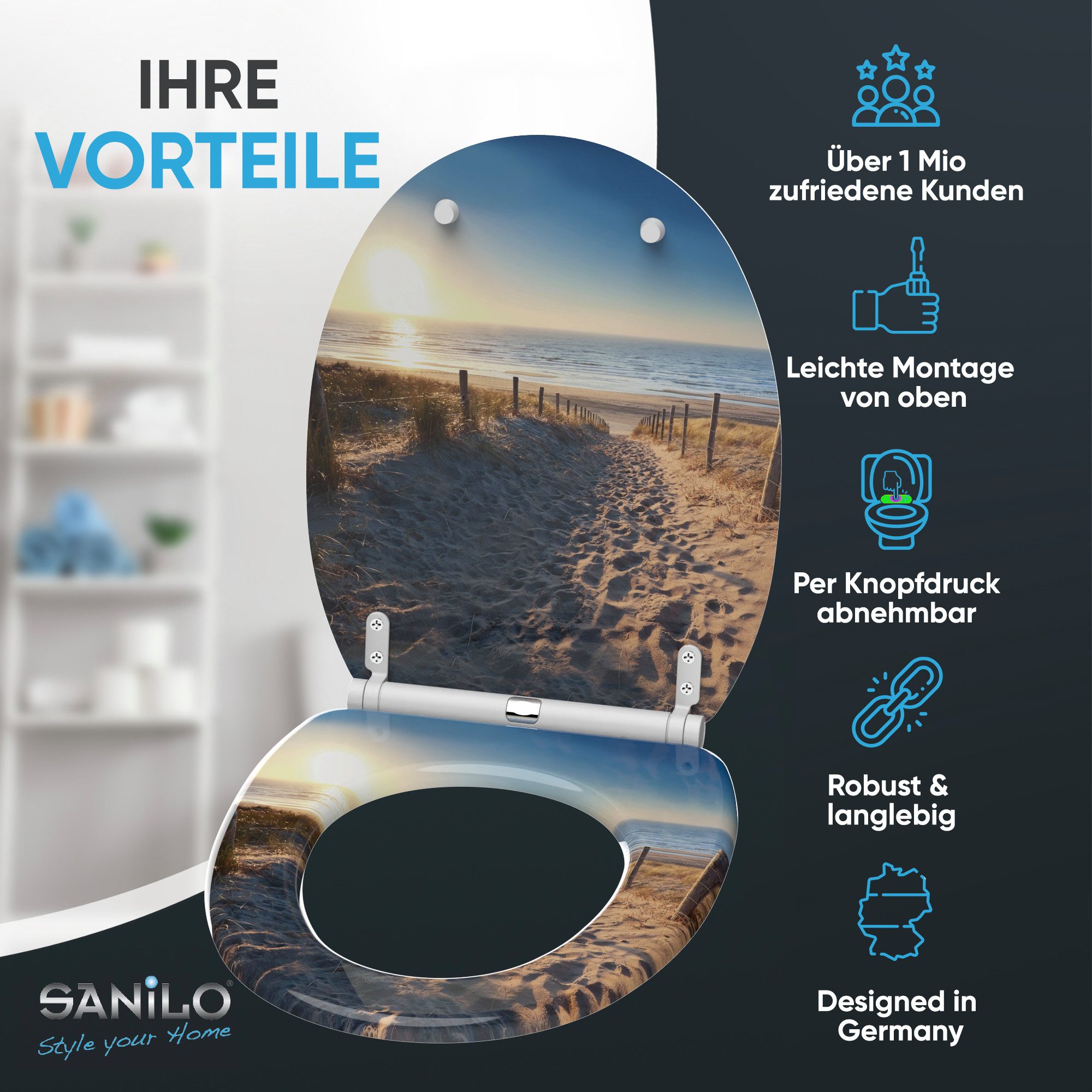 Sanilo WC-Sitz mit Absenkautomatik, viele Toilettendeckel direkt vom Hersteller, hochwertig & modern, universell, leichte Montage