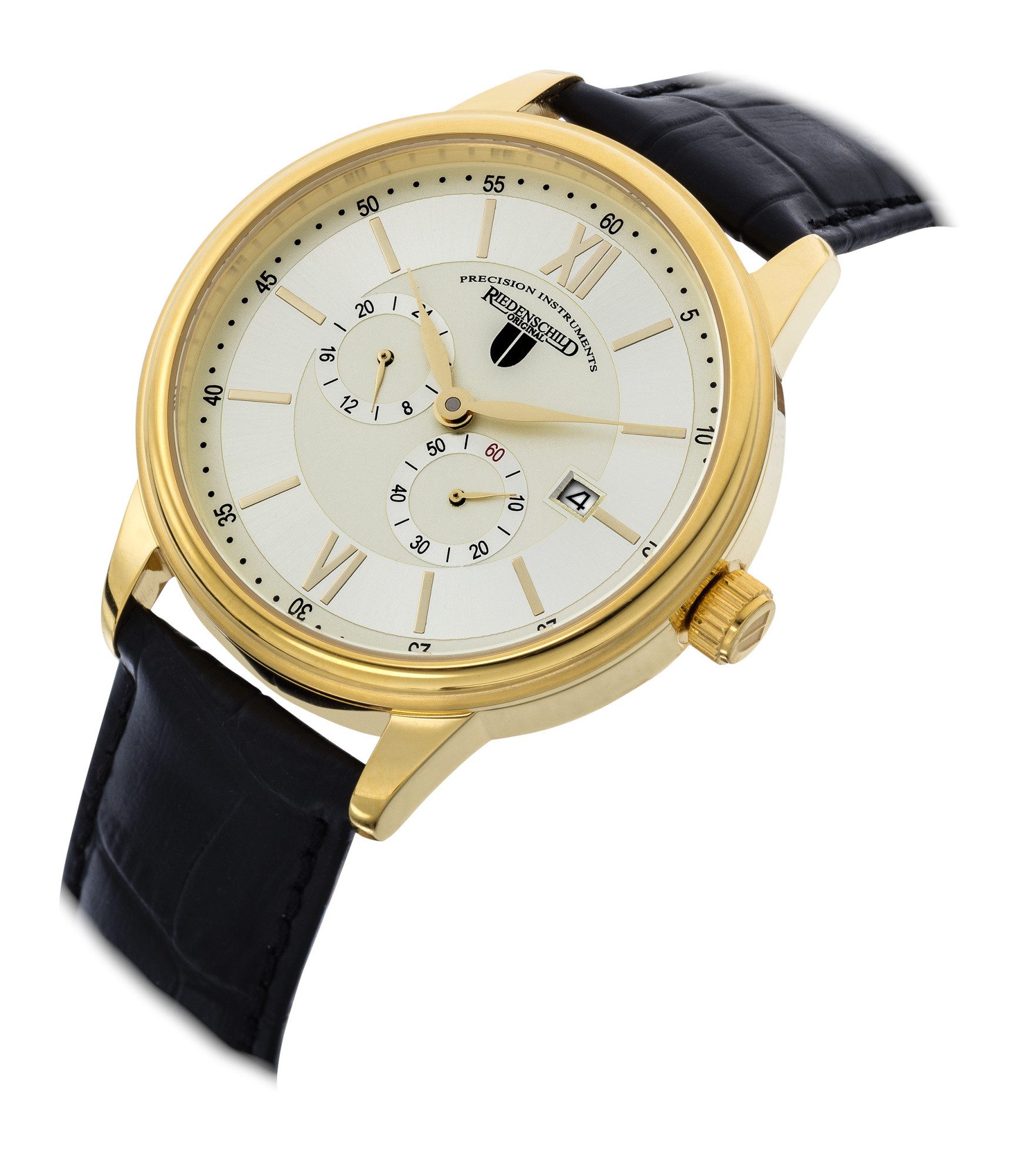 Riedenschild Automatikuhr RS7606-03, 42 mm – Vergoldete Herrenuhr mit braunem Lederband, Klassisch-elegante Automatikuhr mit Sichtboden