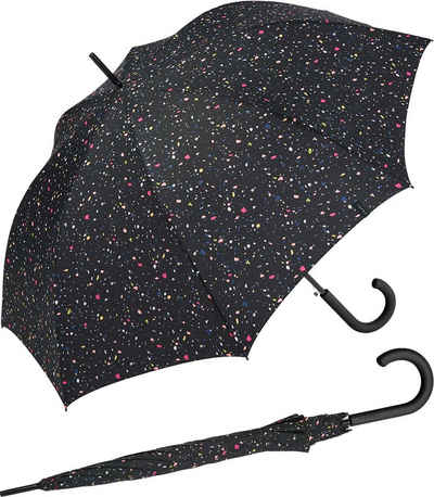 Esprit Langregenschirm Damen Auf-Automatik - Terrazzo Dots - schwarz, groß, stabil, mit verspieltem Sternenmuster