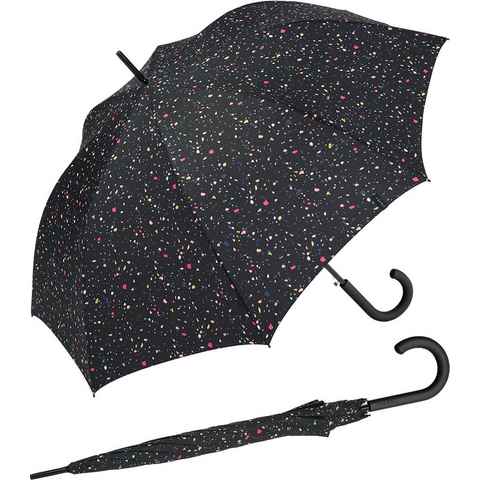 Esprit Langregenschirm Damen Auf-Automatik - Terrazzo Dots - schwarz, groß, stabil, mit verspieltem Sternenmuster