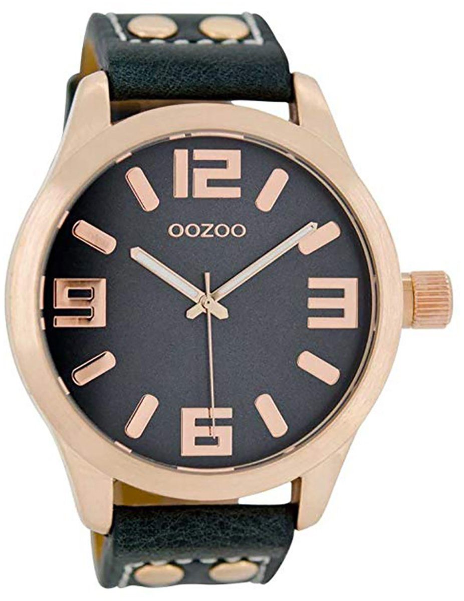 OOZOO Quarzuhr Oozoo Damen Armbanduhr dunkelblau, Damenuhr rund, extra groß  (ca. 46mm) Lederarmband, Fashion-Style