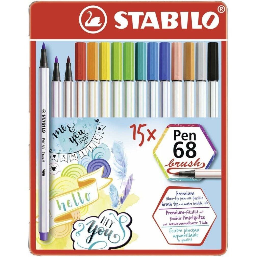 STABILO Kalligraphie-Stift Pen 68 Brush, Metal Box Of 15 Pieces In Assorted Colors