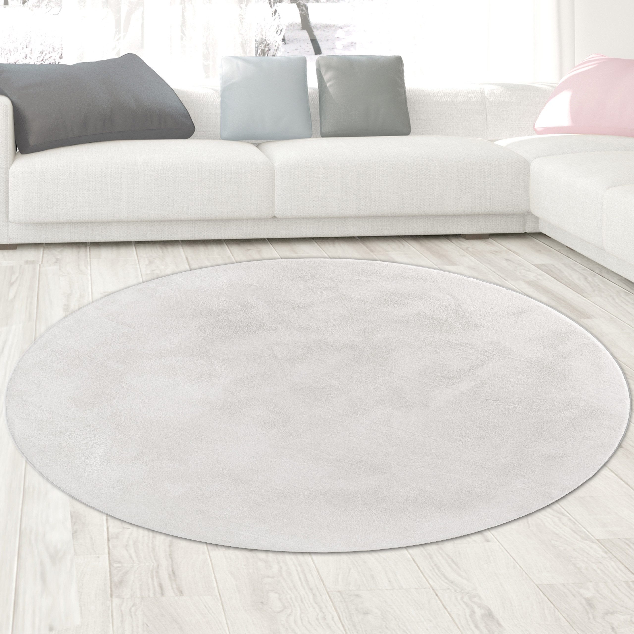 Carpetia Fellteppich Kunstfell Hasenfell-Optik, rund, Höhe: 10 mm, seidig weich & flauschig mit dichter Kurzflorstruktur