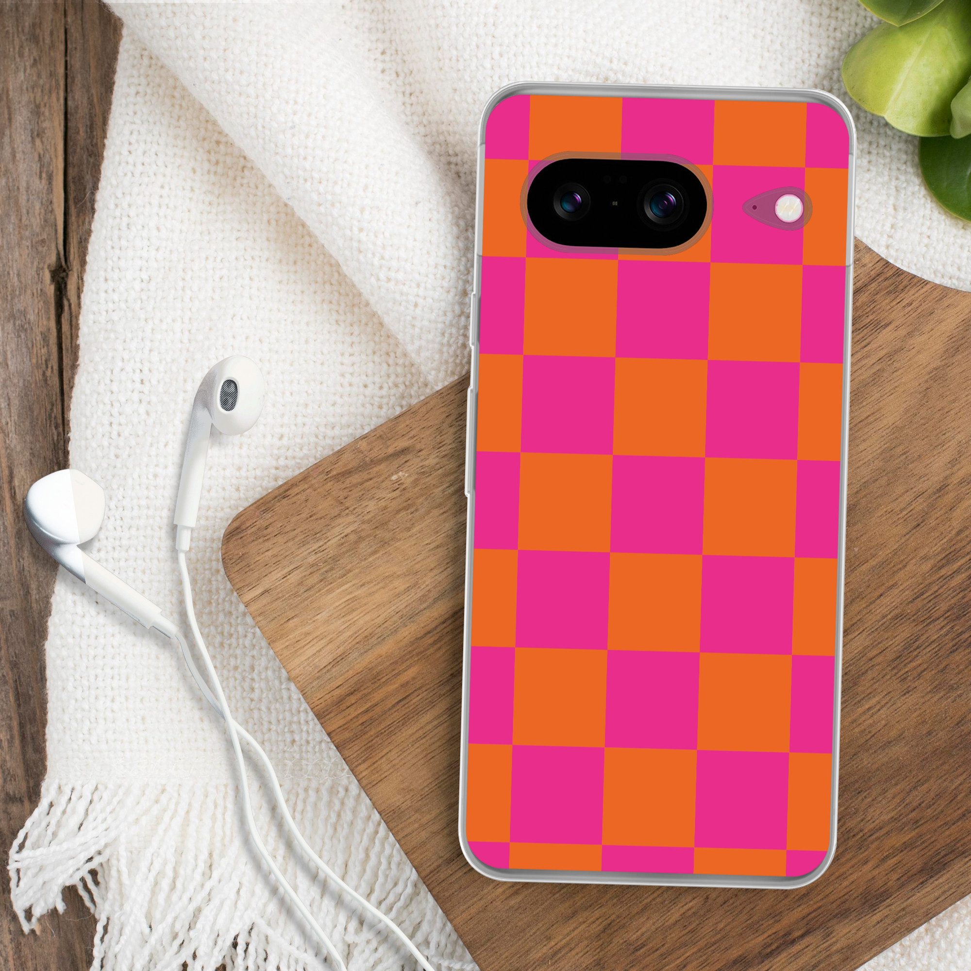 MuchoWow Handyhülle für Google Pixel 8 Schachbrettmuster - Orange - Rosa - Blöcke, Handy Case, Silikon, Bumper Case Dünn