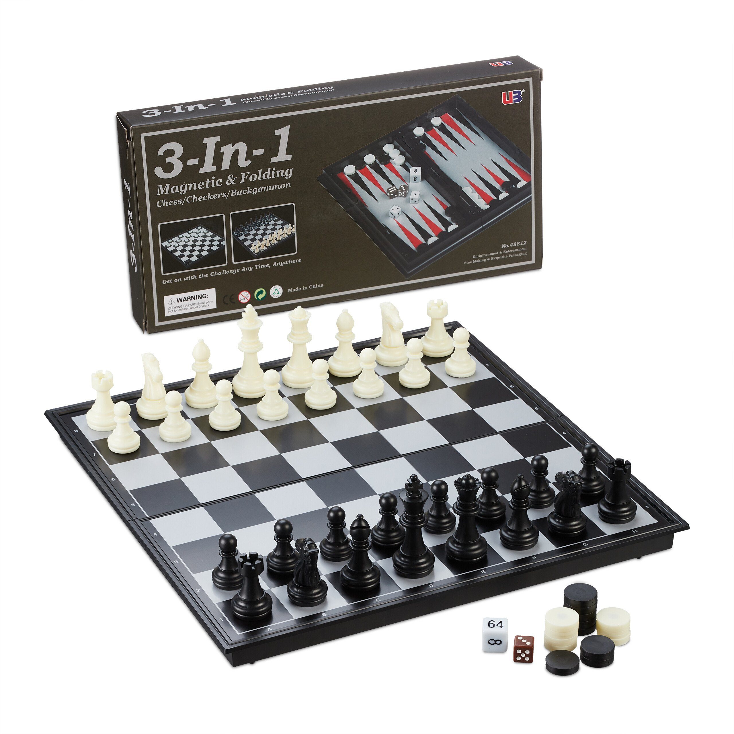 relaxdays Spiel 3-in-1 Schachspiel magnetisch, 3-in-1 magnetisches Reiseschachspiel (Schach, Dame & Backgammon)
