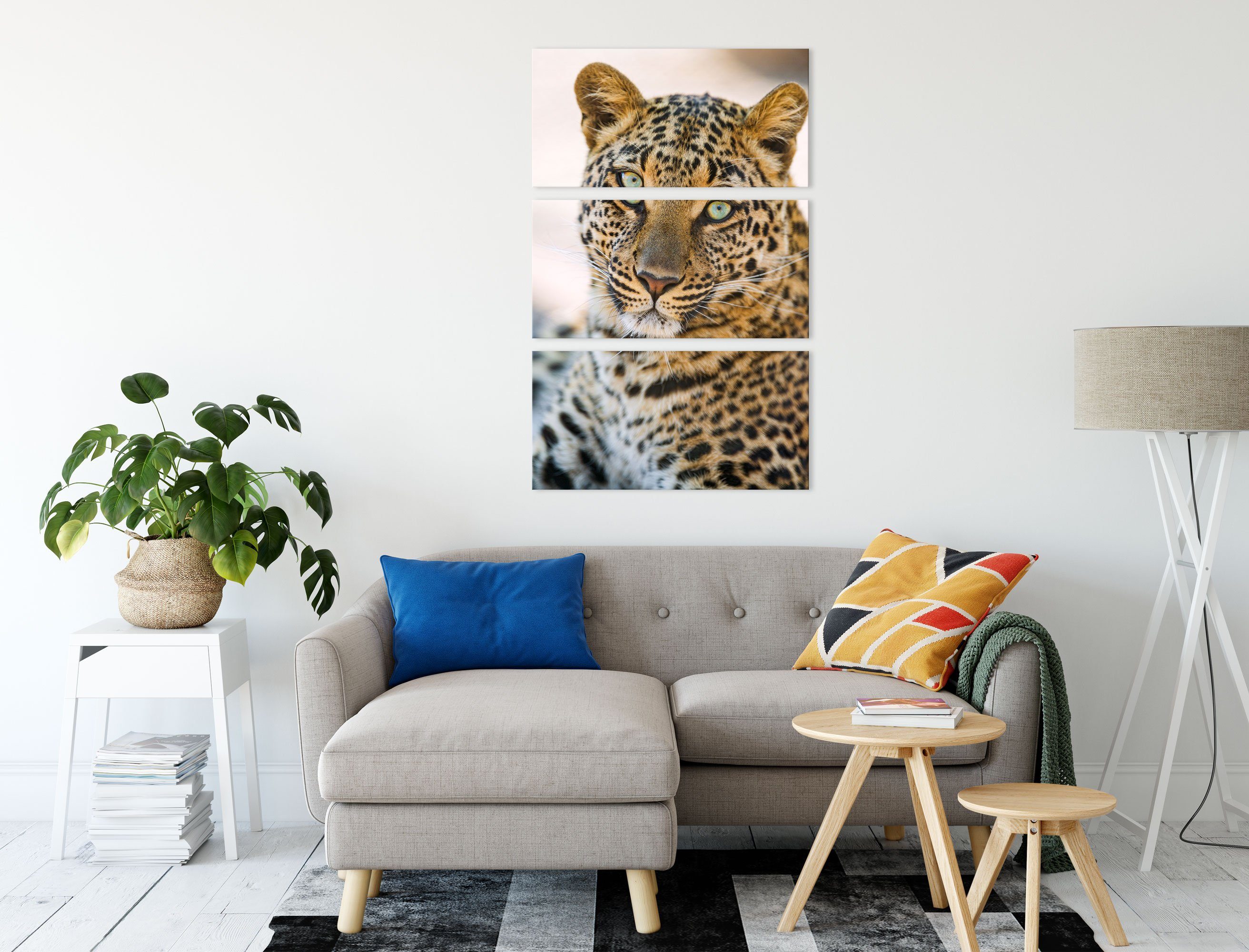 (1 fertig bespannt, Leopard, Leinwandbild Pixxprint Leinwandbild 3Teiler Leopard St), inkl. schöner schöner Zackenaufhänger (120x80cm)
