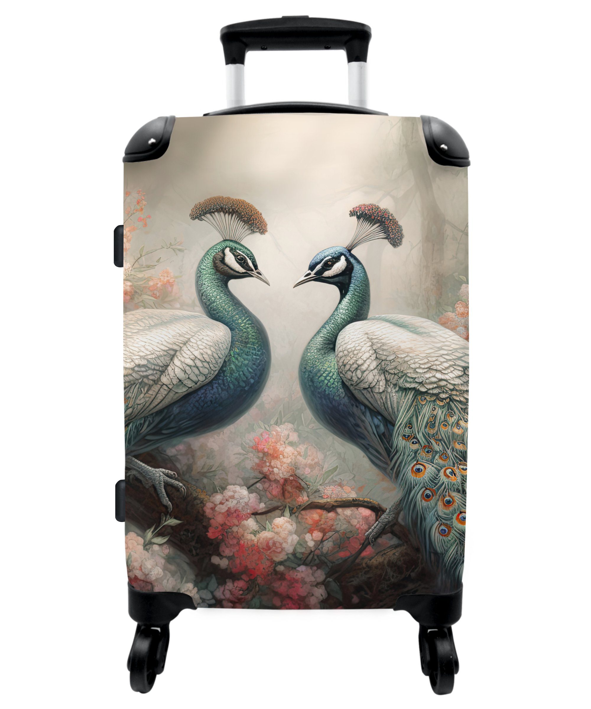 NoBoringSuitcases.com© Koffer 67x43x25cm Pfaue mit Aufgabegepäck - - Reisekoffer Rollkoffer Natur, Vögel - Große Pfauenfedern - Rollen, 4 Rollen 4 Trolley