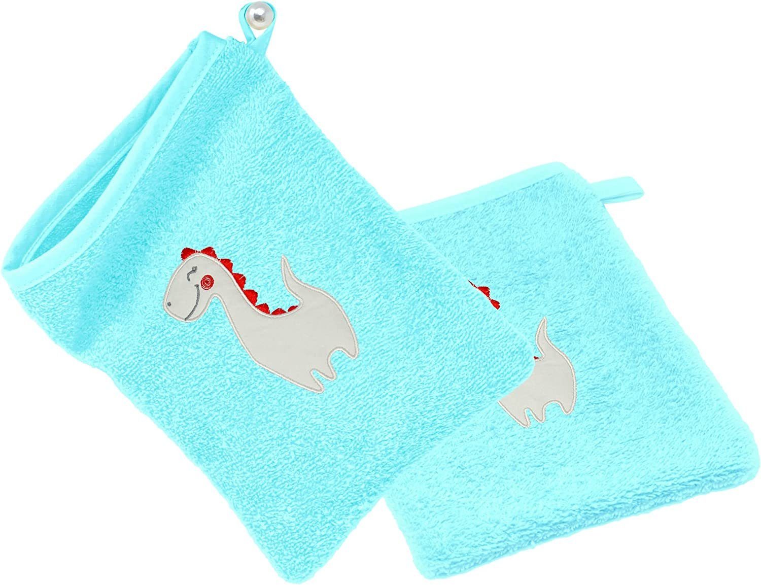 Waschhandschuh Babywaschlappen blau 2-tlg), bestickte 15x21 (Set, cm Dino Lashuma