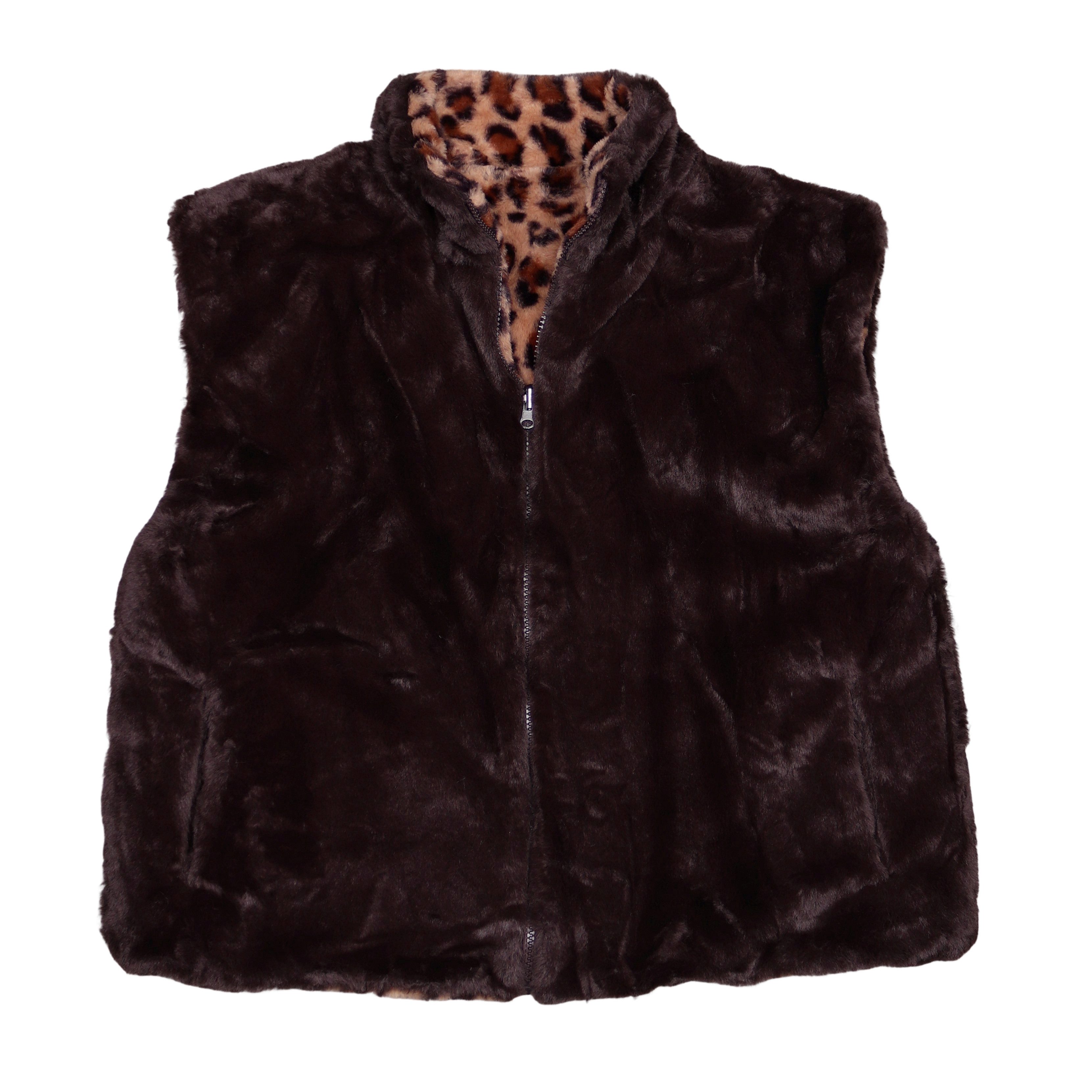 MIRROSI Plüschweste Damen Wendeweste Plüsch – Teddy Weste mit Leo Muster (One Size – passend ca. für Größe 38, 40,42 und 44) beidseitig tragbar – Reißverschluss & 4 Taschen