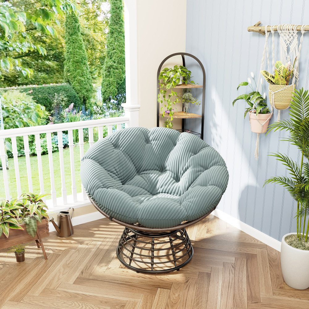 BBG Gartensessel Papasan Sessel mit 360° Drehfunktion, ergonomischer (Rattan Lounge Sessel mit extra dickem Kissen,Indoor Outdoor Drehsessel), bequemer Lesesessel für Wohnzimmer & Balkon