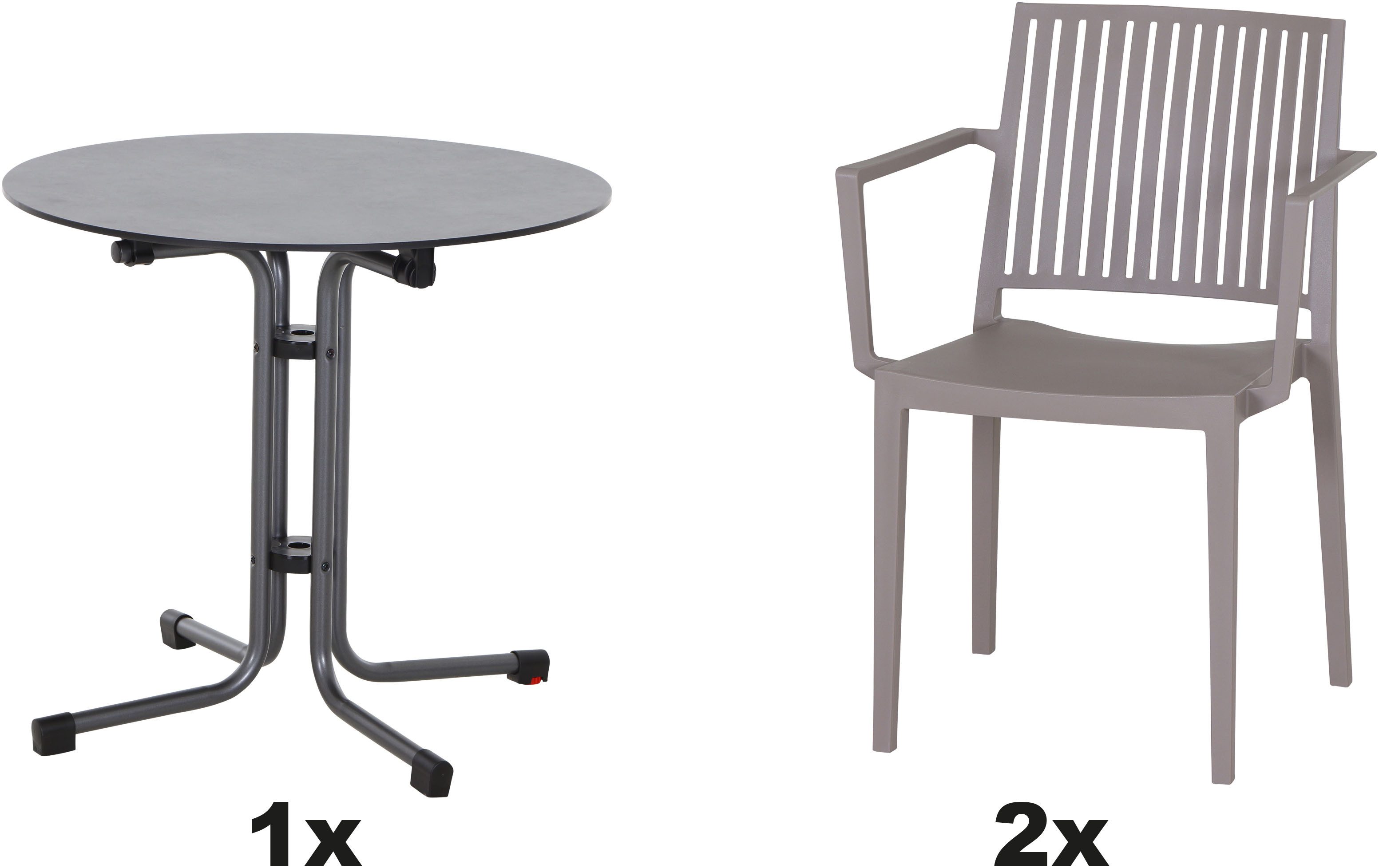 Siena Garden Gartensessel Lane Sessel taupe 2er Set mit Tisch (Set, 2-St), 2 x Stapelsessel + Tisch Sola Ø 80 cm
