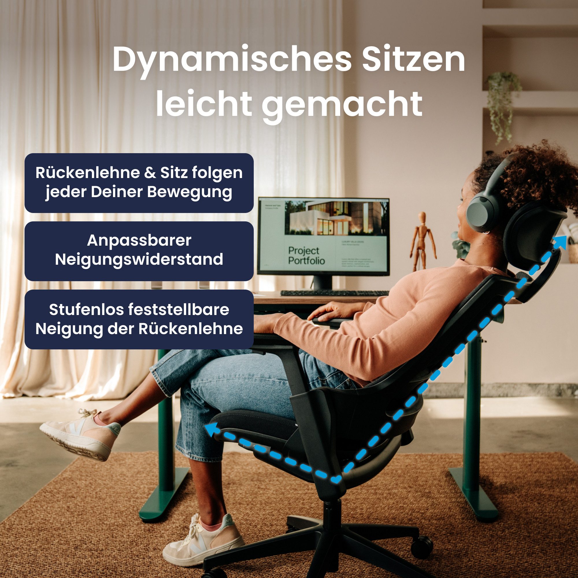 Ergotopia Bürostuhl ergonomischer Schreibtischstuhl NextBack, Drehstuhl mit 3D Armlehnen & verstellbarer Kopfstütze – Bild 4 von 5